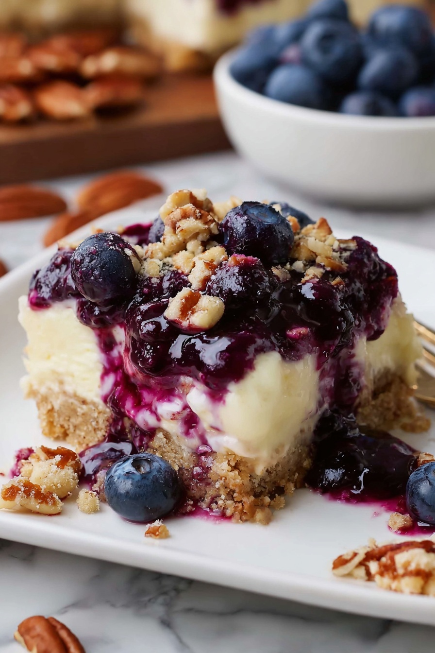 Cream Cheese Lemon Pudding Dessert, lemon pudding dessert, creamy lemon dessert, no-bake lemon dessert, fruity pastry dessert - The image shows a close-up of a fork holding a bite of a layered dessert. The bottom layer is crumbly and brown, possibly a nutty or oat crust. The middle layer is thick and creamy with a pale yellow color, resembling a custard or cheesecake filling. The top layer is a deep purple-blue fruit sauce or compote with visible whole berries and a glossy texture. Small nut pieces are sprinkled on top of the dessert. The dessert slice in the background rests on a white surface with a blurry white marbled texture. Photo taken with an iphone --ar 2:3 --v 7