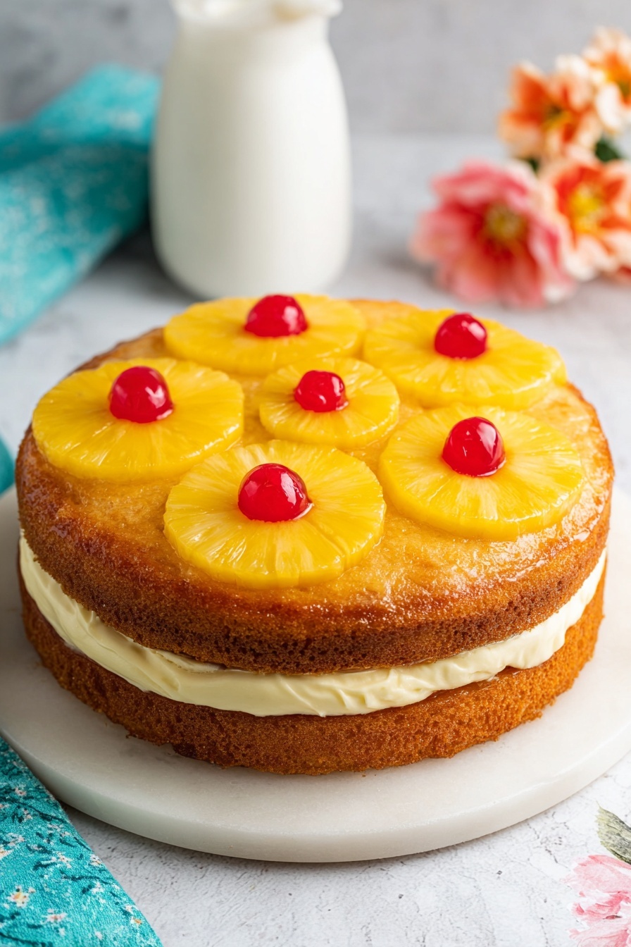 Pineapple Upside Down Cheesecake, pineapple cheesecake recipes, upside down cake with cheesecake, caramel pineapple dessert, fruit-topped cheesecake - A two-layer round cake sits on a white marbled surface, with the bottom layer being a light brown sponge cake and the middle layer a thick, smooth cream that is pale yellow. The top layer is another light brown sponge with seven yellow pineapple rings evenly placed on it, each pineapple ring holding a small bright red cherry in the center. The cake looks moist and slightly shiny on top from the pineapple, and the overall shape is round and neatly stacked. In the background, there is a softly blurred aqua blue cloth, a white milk jug, and some out-of-focus flowers in soft pink and orange colors. Photo taken with an iphone --ar 2:3 --v 7