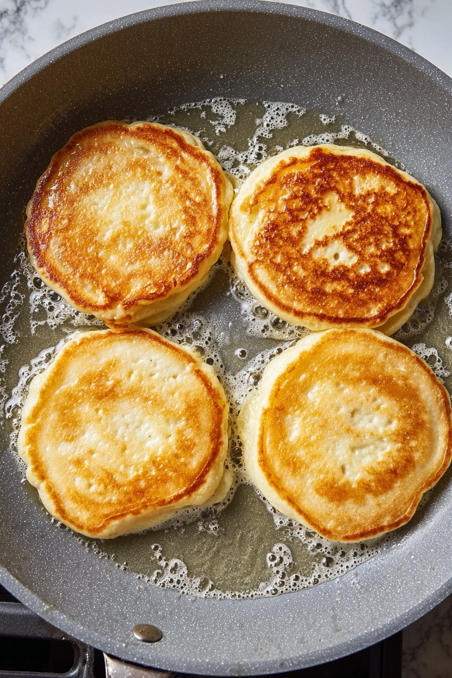 Cheese Cottage Pancakes, cottage cheese pancakes, fluffy cottage cheese pancakes, easy cheese pancake recipe, light breakfast pancakes - Four small thick pancakes are frying in a gray non-stick pan, each pancake golden brown on top with small bubbles visible, and slightly uneven edges with some batter spilling over. The pancakes have a soft, fluffy texture and are surrounded by bubbling oil that gives a light shine to the surface. The pan sits on a stove with a white marbled texture in the background. photo taken with an iphone --ar 2:3 --v 7