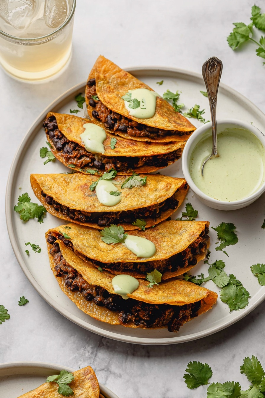 Crispy Baked Ground Turkey Tacos with Avocado Sauce, ground turkey tacos, baked taco recipe, avocado sauce tacos, easy healthy taco recipes - On a white plate, five small folded tacos are arranged in a slight curve, each taco made with a golden brown tortilla that looks lightly crisped on the edges. Inside the tacos, there is a dark filling made of black beans and browned ground meat mixed with small bits of red and green vegetables. The tacos are garnished with small fresh green cilantro leaves. Next to the tacos on the plate is a small white bowl filled with a light green creamy sauce that has fine green specks. The plate sits on a white marbled surface with scattered cilantro leaves around it, and in the background are two glasses filled with cold drinks and a second white plate holding more tacos. photo taken with an iphone --ar 2:3 --v 7