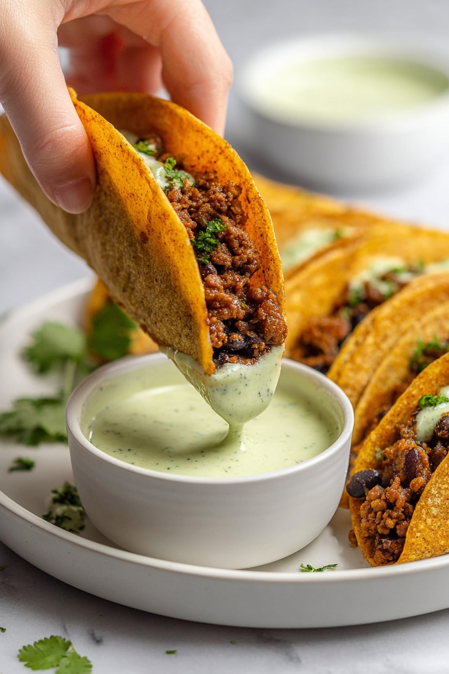 Crispy Baked Ground Turkey Tacos with Avocado Sauce, ground turkey tacos, baked taco recipe, avocado sauce tacos, easy healthy taco recipes - The image shows four folded golden-brown tortillas on a white plate with a white marbled surface background. Each tortilla is filled with a dark layer of what looks like cooked black beans mixed with a brown filling, peeking out slightly from the open edges. There are light green creamy sauce dollops spread unevenly over the top of the tortillas with some dripping down the sides. Fresh green cilantro leaves are scattered around the plate and a small white bowl with more of the light green sauce and a spoon inside it sits on the right side. A glass with ice and a light-colored drink is at the top left corner. Photo taken with an iphone --ar 2:3 --v 7
