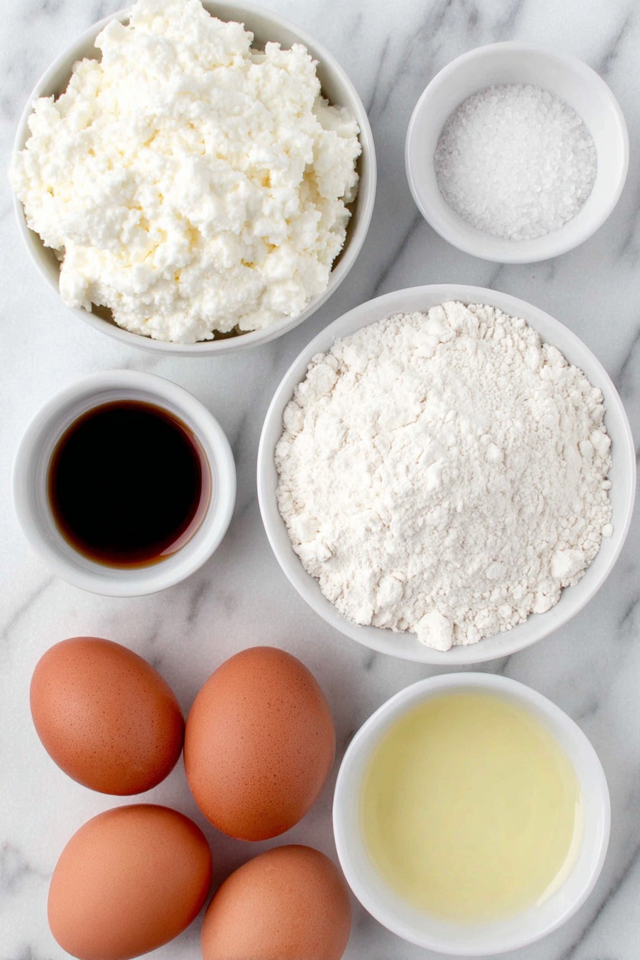 Cheese Cottage Pancakes, cottage cheese pancakes, fluffy cottage cheese pancakes, easy cheese pancake recipe, light breakfast pancakes - Flat lay of a small mound of fresh white cottage cheese, four whole brown eggs with clean shells, a small white bowl of golden vanilla extract, a small white bowl of fine white sugar crystals, a small white bowl of powdery white baking powder, a small pile of sifted white flour, and a small white bowl filled with pale yellow canola oil, all arranged symmetrically on a clean white marble surface, soft natural light, photo taken with an iPhone, professional food photography style, fresh ingredients, white ceramic bowls, no bottles, no duplicates, no utensils, no packaging --ar 2:3 --v 7 --p m7354615311229779997