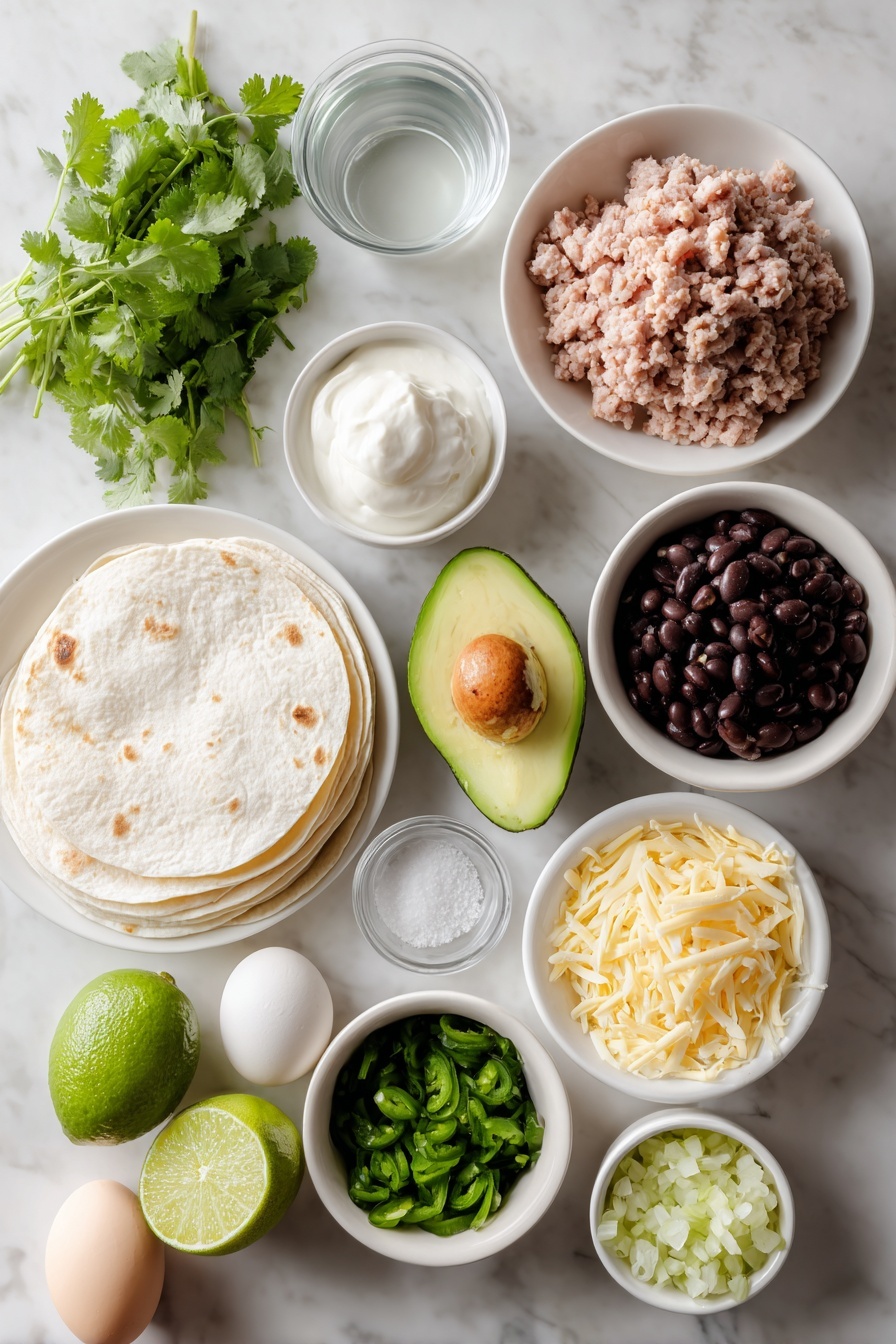 Crispy Baked Ground Turkey Tacos with Avocado Sauce, ground turkey tacos, baked taco recipe, avocado sauce tacos, easy healthy taco recipes - Flat lay of a halved ripe avocado with bright green flesh, a small mound of creamy white sour cream in a simple white ceramic bowl, a small white bowl filled with fresh vibrant cilantro leaves, a fresh lime cut in half showing juicy segments, a small white bowl containing fine kosher salt, a small white bowl with clear water, a few whole uncracked brown eggs with smooth shells, a portion of raw lean ground turkey in a neat pile, a small white bowl of finely chopped yellow onion, a small white bowl with shiny black beans, a small white bowl of diced green chiles, a small pile of finely chopped fresh cilantro, six soft white flour tortillas stacked evenly, and a neat mound of shredded Monterey Jack cheese all arranged symmetrically and balanced on a clean white marble surface, soft natural light, photo taken with an iPhone, professional food photography style, fresh ingredients, white ceramic bowls, no bottles, no duplicates, no utensils, no packaging --ar 2:3 --v 7 --p m7354615311229779997