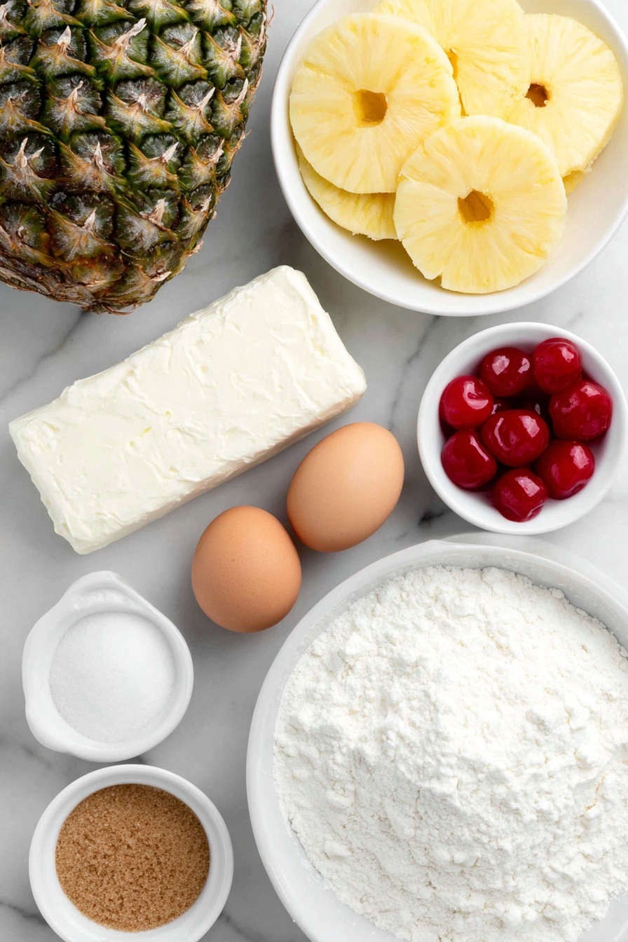 Pineapple Upside Down Cheesecake, pineapple cheesecake recipes, upside down cake with cheesecake, caramel pineapple dessert, fruit-topped cheesecake - Flat lay of fresh cream cheese block, two whole brown eggs with clean shells, a small white bowl of granulated sugar, a small white bowl of light brown sugar, a small white bowl of sour cream, fourteen natural pineapple rings, fourteen bright red maraschino cherries, a small white bowl of melted unsalted butter, a small white bowl of pineapple juice, a small white bowl of milk, a small white bowl of vanilla extract, a white ceramic bowl with sifted all-purpose flour mixed with baking powder, baking soda, and salt, placed in perfect symmetry and realistic proportions on a clean white marble surface, soft natural light, photo taken with an iPhone, professional food photography style, fresh ingredients, white ceramic bowls, no bottles, no duplicates, no utensils, no packaging --ar 2:3 --v 7 --p m7354615311229779997