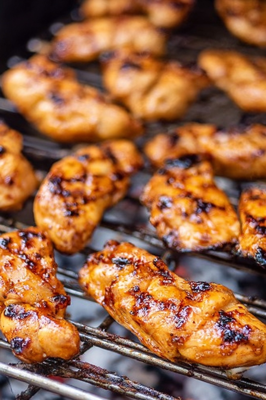 Pineapple Brown Sugar Chicken Skewers, grilled chicken skewers with pineapple, summer chicken skewers recipe, easy outdoor chicken recipes, sweet and smoky chicken skewers - The image shows many pieces of grilled chicken on a metal grill rack. The chicken pieces are golden brown with some darker grilled marks and caramelized spots. The texture looks juicy and slightly shiny from the sauce or glaze. The grill rack is placed over a fire or heat source, visible below the gaps in the metal bars. The background is blurred but replaced with a white marbled texture. photo taken with an iphone --ar 2:3 --v 7