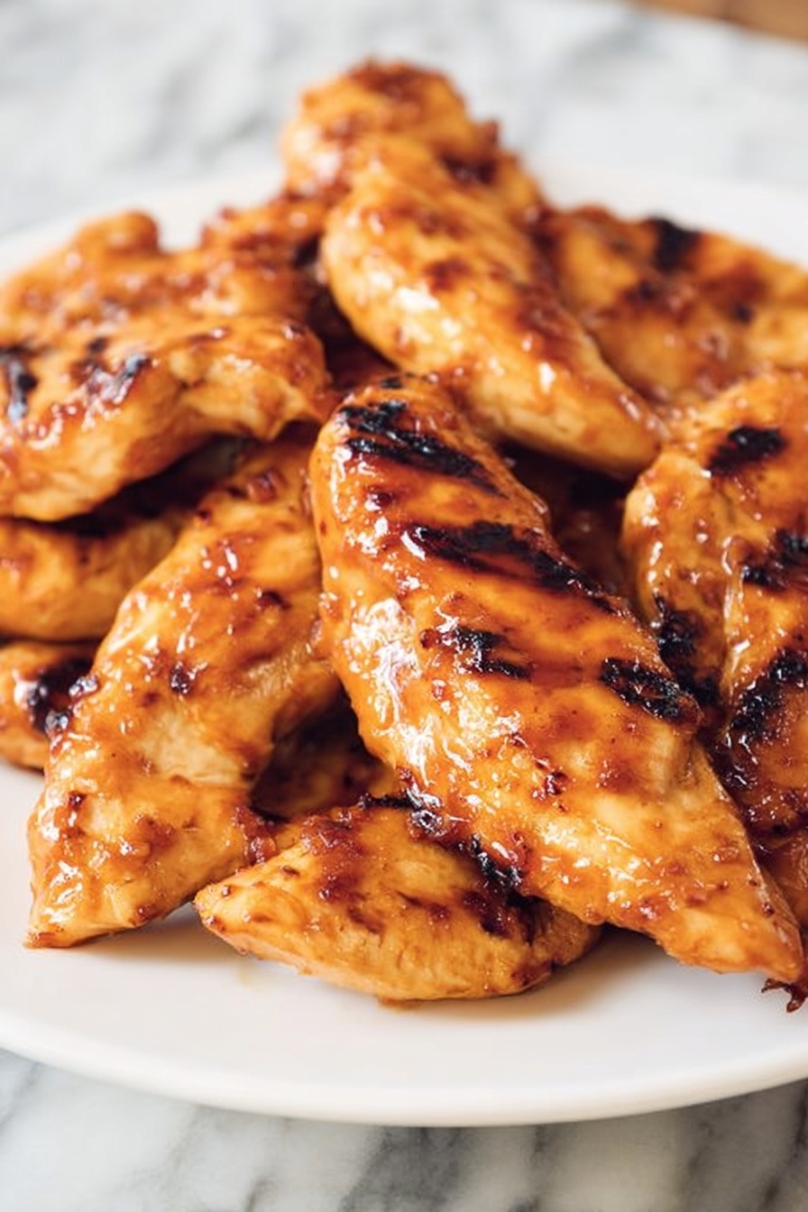 Pineapple Brown Sugar Chicken Skewers, grilled chicken skewers with pineapple, summer chicken skewers recipe, easy outdoor chicken recipes, sweet and smoky chicken skewers - The image shows several pieces of grilled chicken on a metal grill rack. Each piece is golden brown with grilled marks and some charred spots. A yellow brush held by a woman's hand is brushing sauce over the chicken, creating a shiny, slightly sticky surface on the top layer. The background surface is a white marbled texture. photo taken with an iphone --ar 2:3 --v 7