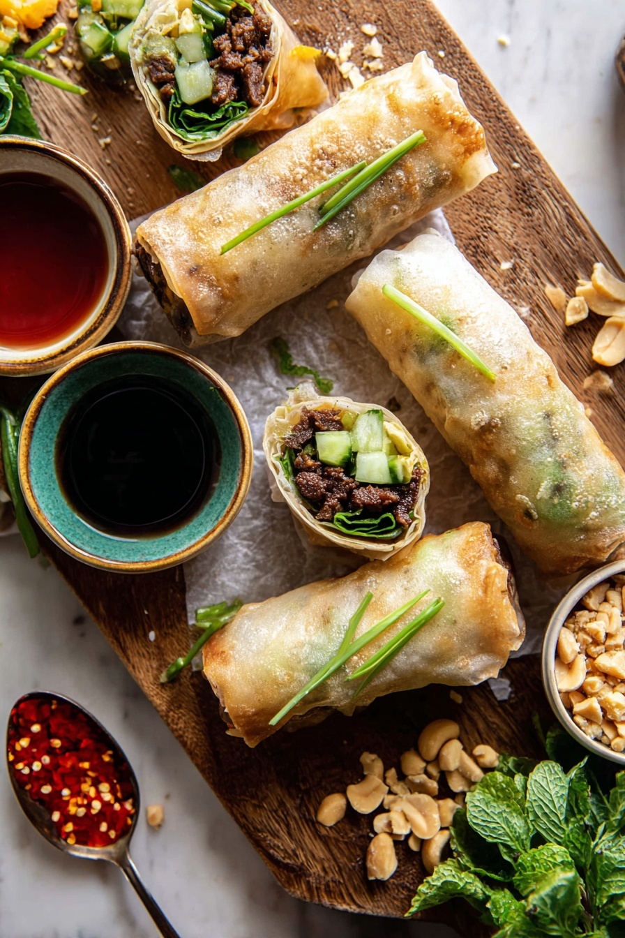 Thai Basil Beef Rolls, Thai Basil Beef Wraps, Thai Beef Lettuce Wraps, Easy Thai Beef Appetizer, Quick Thai Beef Snacks - The image shows several rolls with light golden, slightly translucent wraps filled with dark brown cooked meat, small diced green cucumbers, leafy herbs, and light-colored crushed nuts inside. Some rolls are whole and others are cut in half to show the filling layers clearly. The rolls are placed on a wooden board with a small white bowl containing a light brown sauce sprinkled with sesame seeds near the top right. A small spoon with some sauce rests near the bowl, and another small metal cup with dark soy-like sauce sits on the bottom left. Fresh green herb sprigs and thin slices of green onion are scattered on and around the rolls. The background is a white marbled texture. photo taken with an iphone --ar 2:3 --v 7