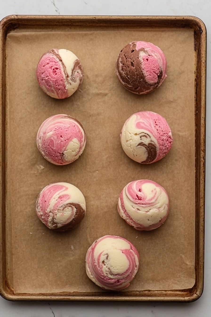 Neapolitan Cookie Dough with Vanilla Chocolate Strawberry, Neapolitan cookie dough recipe, colorful cookie treats, easy chewy cookie recipe, triple flavor dessert - The image shows six cookie dough balls arranged on a baking sheet with a brown parchment paper. Each dough ball has three colors: pink, brown, and white. The colors mix in a swirled pattern creating a marbled look. The dough balls are round but not perfectly shaped. The background is a white marbled texture. photo taken with an iphone --ar 2:3 --v 7