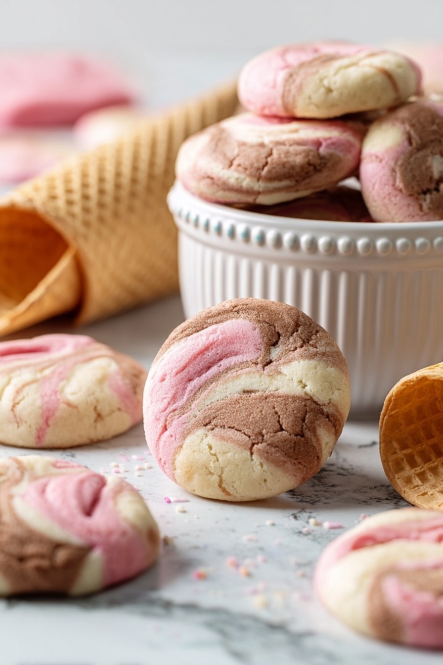 Neapolitan Cookie Dough with Vanilla Chocolate Strawberry, Neapolitan cookie dough recipe, colorful cookie treats, easy chewy cookie recipe, triple flavor dessert - The image shows small round cookies with three-color swirls of pink, brown, and off-white. Each cookie appears to be a mix of these three soft, textured layers swirled together, creating a marble effect where the colors blend but remain distinct. The cookies are placed on a white marbled surface, with several scattered loosely around and some stacked inside a white bowl with ribbed sides and a beaded rim. In the foreground, there is a close-up of a waffle cone lying on its side, adding a hint of light tan and grid texture. The overall scene is bright and soft-focused, highlighting the smooth yet gently cracked texture of the cookies. Photo taken with an iphone --ar 2:3 --v 7