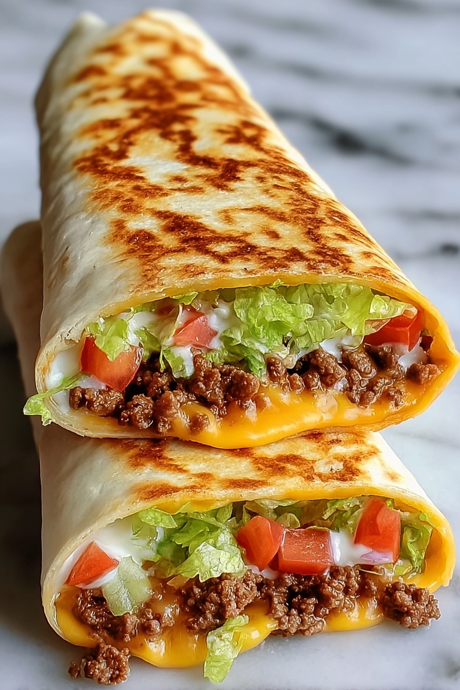 Keto Beef Crunchwraps, low-carb crunchwraps, keto Tex-Mex dinner, keto beef wraps, low-carb crunch wraps recipe - Three large triangle layers of quesadilla are stacked on a white marbled surface. Each quesadilla piece has a golden brown toasted tortilla with a slightly crispy texture. The top layer shows shredded green lettuce, melted white and orange cheese, and browned ground beef inside. The middle layer reveals chopped red tomatoes in addition to the same layers of green lettuce, melted cheese, and ground beef. The bottom layer also shows all these ingredients, with the rich browns of the beef contrasting the bright greens of lettuce and the yellows and whites of melted cheese. The image is focused close up on the quesadillas with a soft blurred white background. Photo taken with an iphone --ar 2:3 --v 7