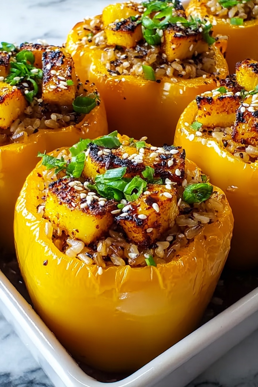 Teriyaki Pineapple Chicken Stuffed Peppers, stuffed peppers with chicken and pineapple, healthy stuffed peppers recipes, quick dinner ideas with teriyaki, tropical chicken stuffed peppers - The image shows yellow bell peppers hollowed and filled with a filling of cooked rice mixed with spices, topped with pieces of grilled pineapple that are golden and slightly charred, adding texture and color contrast. Green chopped scallions are sprinkled on top to add freshness and a pop of green color. The peppers are placed close together in a black baking pan set on a white marbled surface. The vibrant yellow of the peppers and pineapple contrasts with the white grains of rice and green scallions, creating an inviting dish photo taken with an iphone --ar 2:3 --v 7
