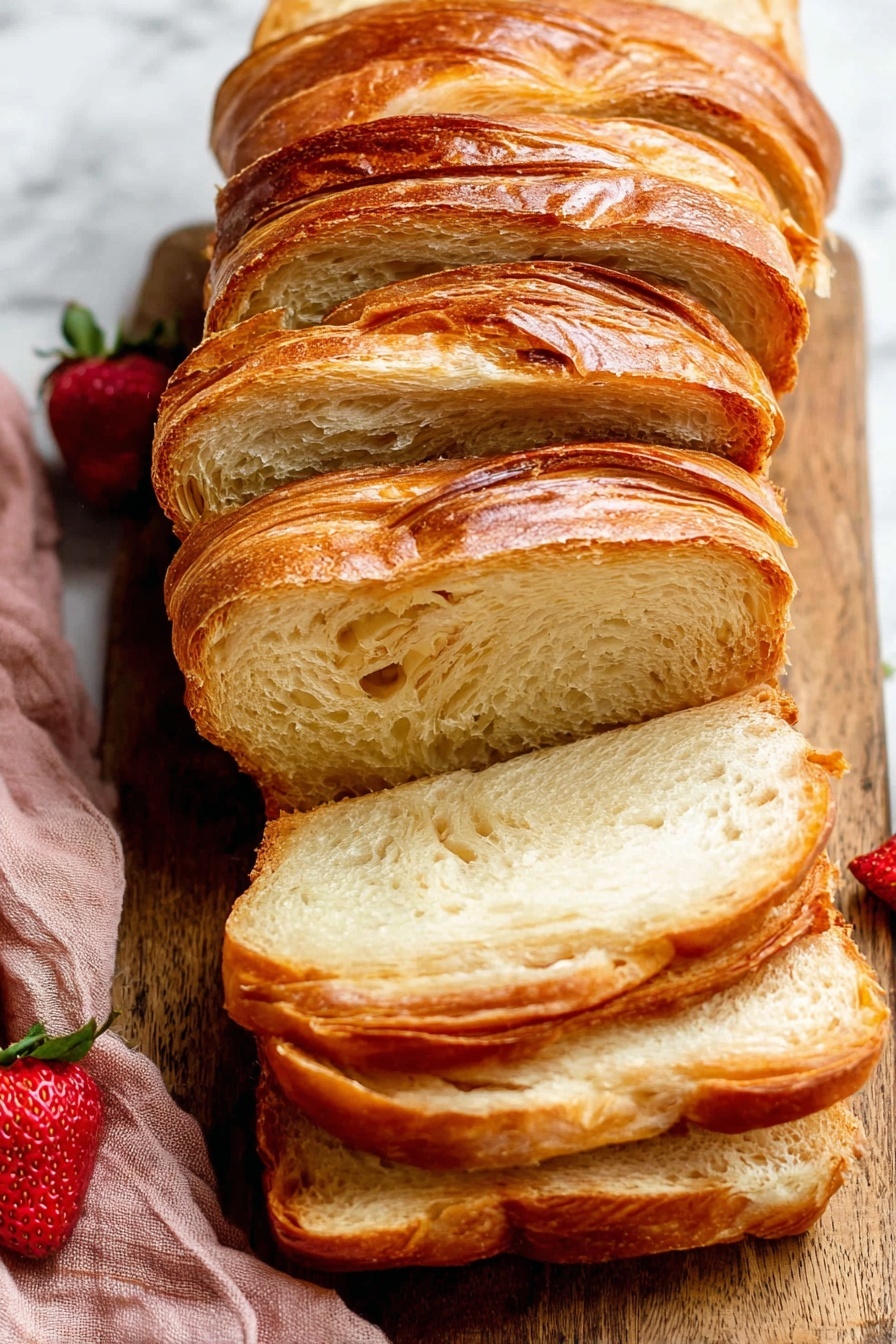 Croissant Bread, flaky buttery bread, layered bread recipe, easy croissant-inspired loaf, homemade pastry bread - The image shows six thick slices of golden brown bread with a shiny crust, placed in a neat line on a wooden board. Each slice has a soft, fluffy inside with visible layers and light brown swirls within. The edges are slightly curled and crisp. On the left side, there are two fresh red strawberries with green leaves resting next to the bread, partially visible near a soft pink cloth. The background is a white marbled texture. photo taken with an iphone --ar 2:3 --v 7