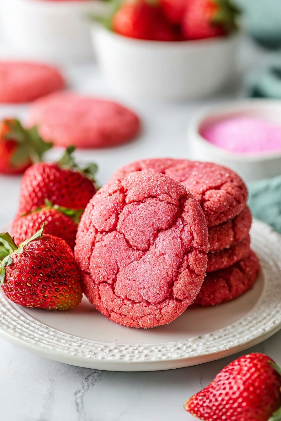 Strawberry Cookies with Freeze-Dried Fruit, strawberry cookie recipe, fruity cookie recipes, homemade strawberry cookies, freeze-dried strawberry desserts - On a white plate with a textured rim, there are three bright pink cookies stacked slightly overlapping, each cookie showing a cracked surface with a granular texture from sugar crystals. Surrounding the plate are several fresh whole strawberries with green leaves, adding a deep red color with seeds visible on the skin. In the blurred background, there are two white bowls; one filled with more red strawberries and the other containing pink sugar. The scene is set on a white marbled surface, giving a clean and fresh look. photo taken with an iphone --ar 2:3 --v 7
