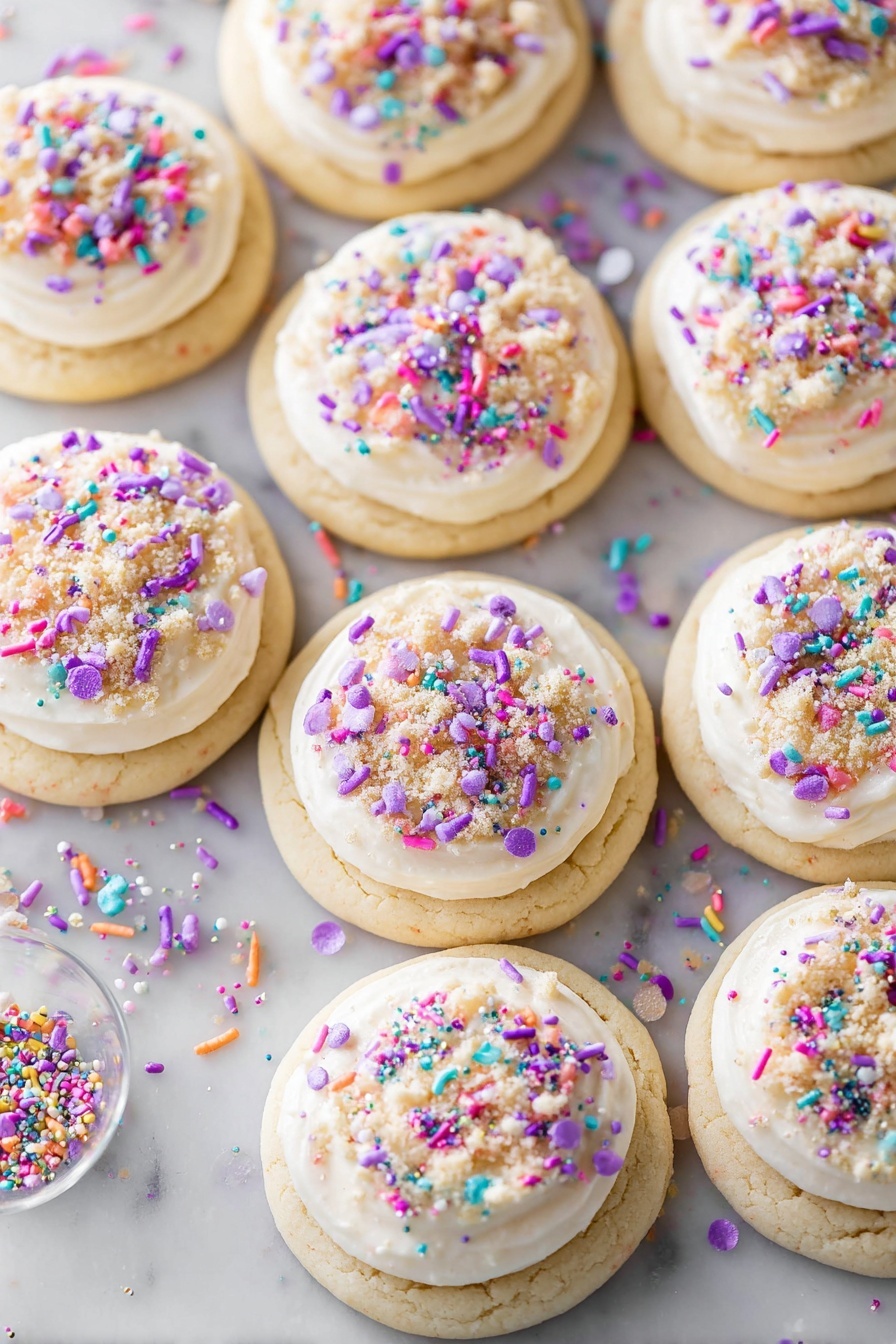 Birthday Cake Cookies with Cream Cheese Frosting, birthday cake cookie recipe, party treat cookies, festive birthday cookie idea, creamy frosting cookie recipe - A group of round sugar cookies each with three layers: the base is a pale tan cookie, the middle layer is a smooth and creamy white frosting spread evenly on top, and the top layer is a mix of small crumbly pieces and colorful sprinkles in purple, pink, blue, yellow, and green scattered across the frosting. The cookies are arranged closely on a white marbled surface, with some sprinkles fallen around them and a few candles nearby. photo taken with an iphone --ar 2:3 --v 7