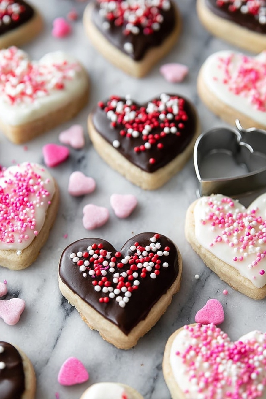 Valentine Heart Cookies with Chocolate Dipping, love-themed cookie ideas, easy Valentine's Day cookies, chocolate-dipped heart cookies, festive holiday cookies - The image shows several heart-shaped cookies on a white marbled surface. Each cookie has two layers: a beige base and a top layer of smooth icing. Some cookies have dark brown chocolate icing topped with small red, pink, and white round sprinkles. Other cookies have white icing with red and pink sprinkles. Scattered pink and white heart-shaped candies are placed around the cookies. A silver heart-shaped cookie cutter stands near the center of the image. The photo taken with an iphone --ar 2:3 --v 7