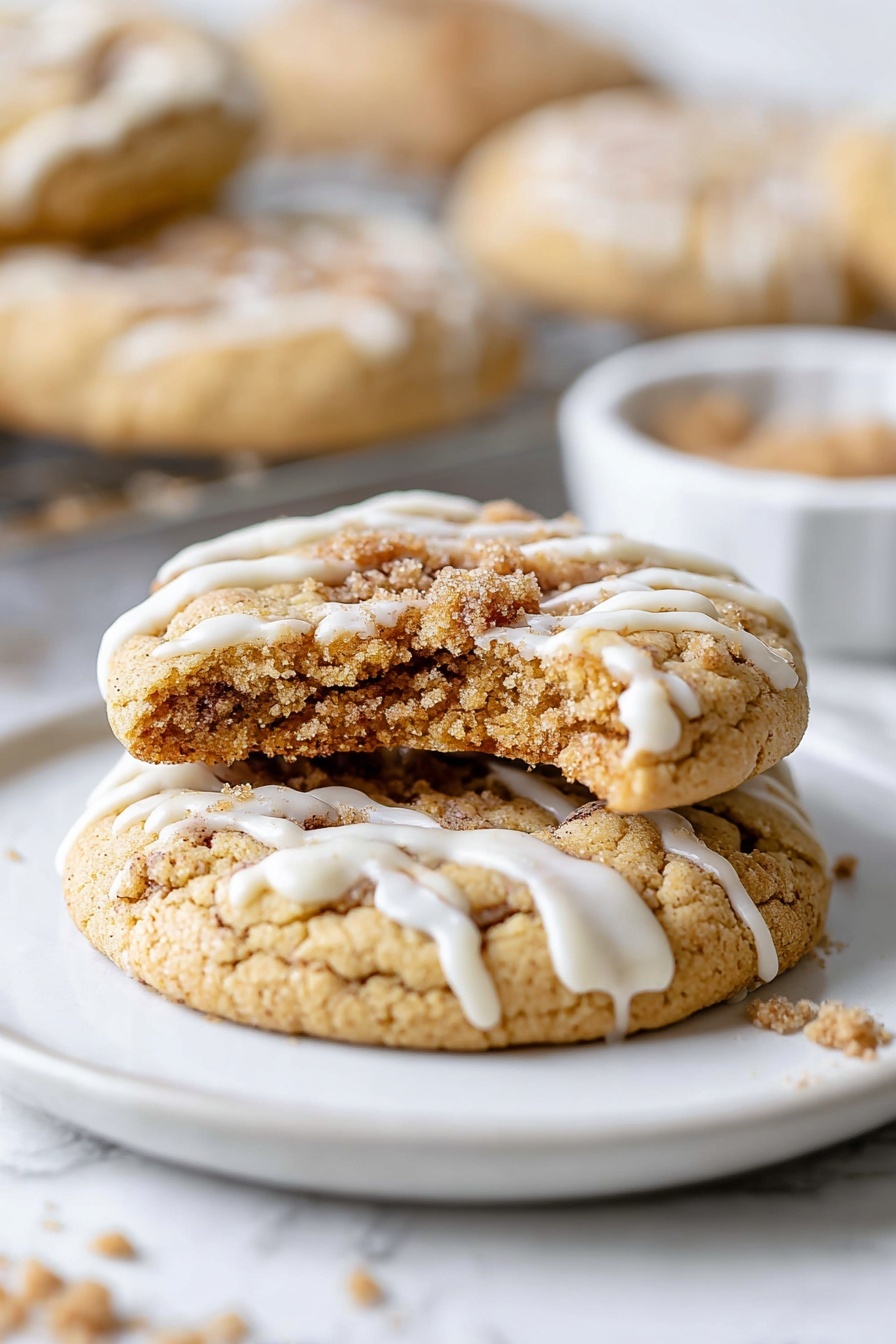 Coffee Cake Cookies with Streusel Topping, cinnamon streusel cookies, easy coffee cake cookies, homemade coffee cake cookies recipe, breakfast cookies with streusel - The image shows a close-up of two cookies stacked on a white plate on a white marbled surface. The bottom cookie is thick, light golden brown with a cracked texture and light drizzle of white icing on top. The top cookie is slightly smaller, with a bite taken out, revealing a soft, darker brown cinnamon swirl center with crumbly bits on top and thin lines of white icing drizzled over it. In the blurred background, there are more cookies and a small white bowl with more crumb topping. Photo taken with an iphone --ar 2:3 --v 7