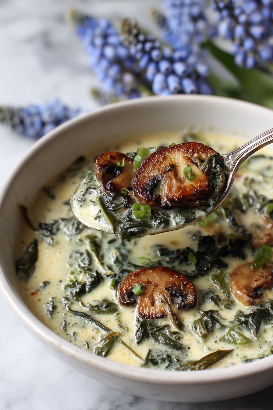 Wild Mushroom Kale Soup, healthy mushroom kale soup, cozy mushroom greens recipe, hearty vegetable mushroom soup, earthy mushroom kale dish - A close-up view of a white bowl filled with creamy soup, showing three main layers: the bottom layer of light beige creamy broth, the middle layer of dark green leafy vegetables mixed throughout, and the top layer featuring golden-brown sautéed mushroom slices scattered on the surface and garnished with small pieces of bright green herbs. A silver spoon is lifted from the bowl, holding two shiny, browned mushroom slices resting on a bed of the dark green vegetables, with some of the creamy broth lightly coating them. The background has a white marbled texture, and to the right, out of focus, are small clusters of blue flowers. Photo taken with an iphone --ar 2:3 --v 7