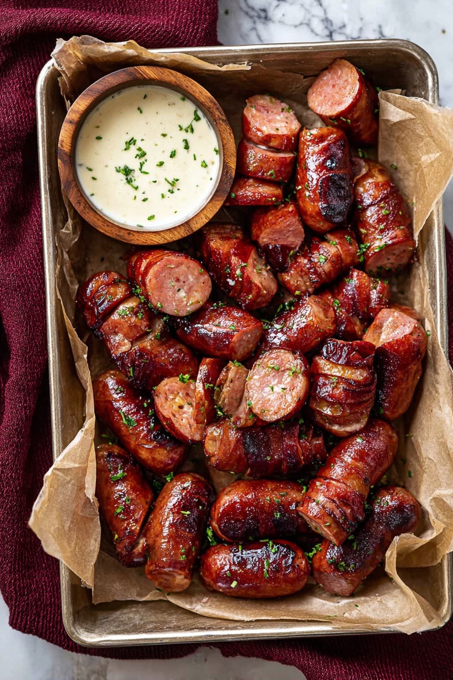 Mustard Kielbasa Bites, kielbasa appetizer recipes, easy party appetizers, savory snack ideas, quick 30-minute appetizers - The image shows a silver tray lined with brown parchment paper filled with many grilled sausage pieces. The sausages are sliced into thick rounds and some are cut to open like octopus shapes, showing a shiny and slightly charred reddish-brown outer texture with a juicy interior. There are small green herb sprinkles on the sausages. In the top left corner of the tray, there is a small round wooden bowl filled with a creamy white dipping sauce with small flakes. The tray sits on a white marbled surface with a dark red cloth on the left side. Photo taken with an iphone --ar 2:3 --v 7
