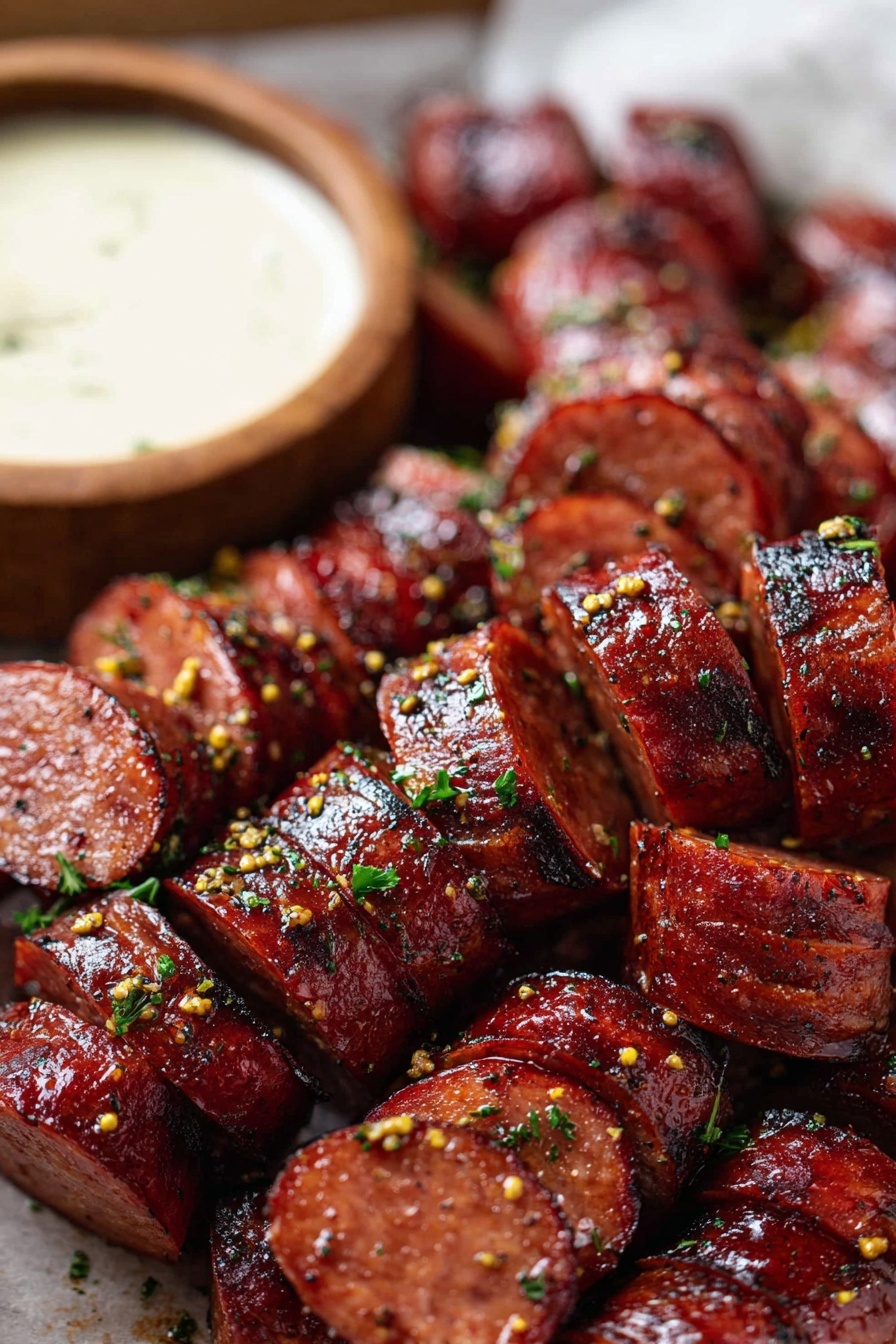 Mustard Kielbasa Bites, kielbasa appetizer recipes, easy party appetizers, savory snack ideas, quick 30-minute appetizers - A close-up image shows a woman's hand holding a small wooden stick with a round sausage slice dipped halfway in a creamy sauce with visible yellow mustard seeds. The sausage slices have a shiny, dark reddish-brown outer layer with a slightly textured surface, arranged in a white tray lined with light brown parchment paper. The sauce is smooth with a pale yellow color and small brown specks, contained in a small round wooden bowl inside the tray. The background has a white marbled texture, with a blurred silver cup at the right edge. photo taken with an iphone --ar 2:3 --v 7