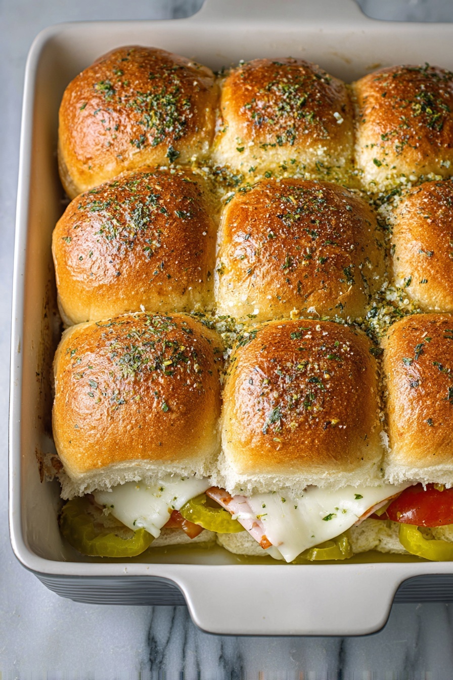 Italian Sub Sliders, Italian Sub Sandwiches, Italian Sliders Recipe, Party Snack Ideas, Easy Sandwich Party Pinwheels - A white baking dish holds nine golden brown slider buns arranged in a 3x3 grid. The buns are soft with a shiny top and sprinkled with finely chopped herbs and garlic. Between the bottom layer of buns and the top, there is a layer of melted white cheese and slices of light-colored deli meat. At the edges, sliced green pickled peppers and a few red tomato pieces peek out. The dish is placed on a white marbled surface. Photo taken with an iphone --ar 2:3 --v 7