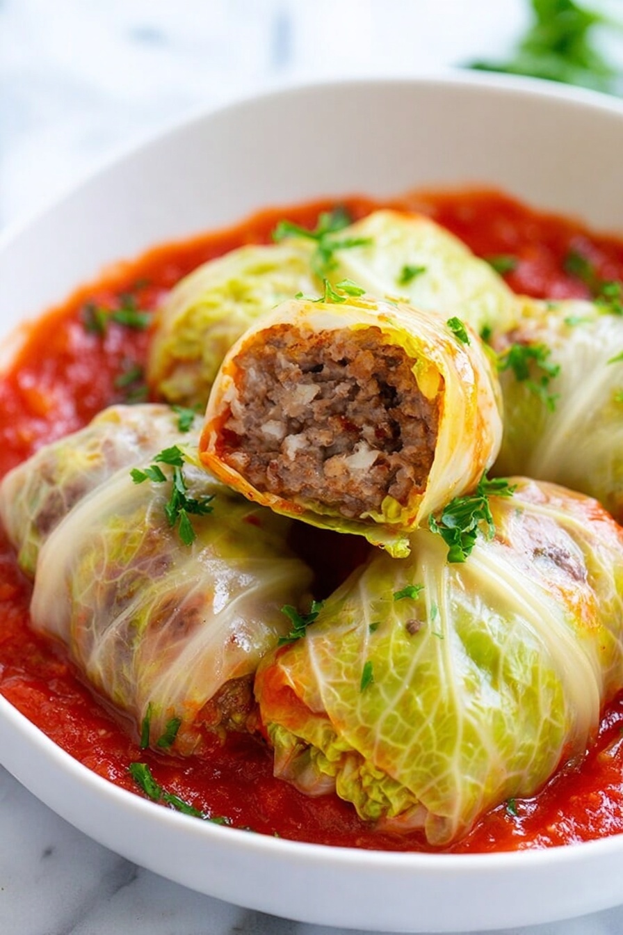 Stuffed Cabbage Rolls with Tomato Sauce, cabbage roll recipe, baked stuffed cabbage, savory cabbage rolls, comforting cabbage dish - The image shows a white baking dish filled with ten cabbage rolls arranged neatly in two rows. Each cabbage roll is wrapped in pale green cabbage leaves that look soft and slightly glossy, with some light browning on edges. The cabbage rolls sit in a rich red tomato sauce that covers the bottom and comes up around the rolls. Small sprinkles of chopped green herbs are scattered over the rolls and sauce, adding color contrast. The dish is set on a white marbled surface with a white and blue striped cloth nearby and some green cabbage leaves partially visible in the background. photo taken with an iphone --ar 2:3 --v 7