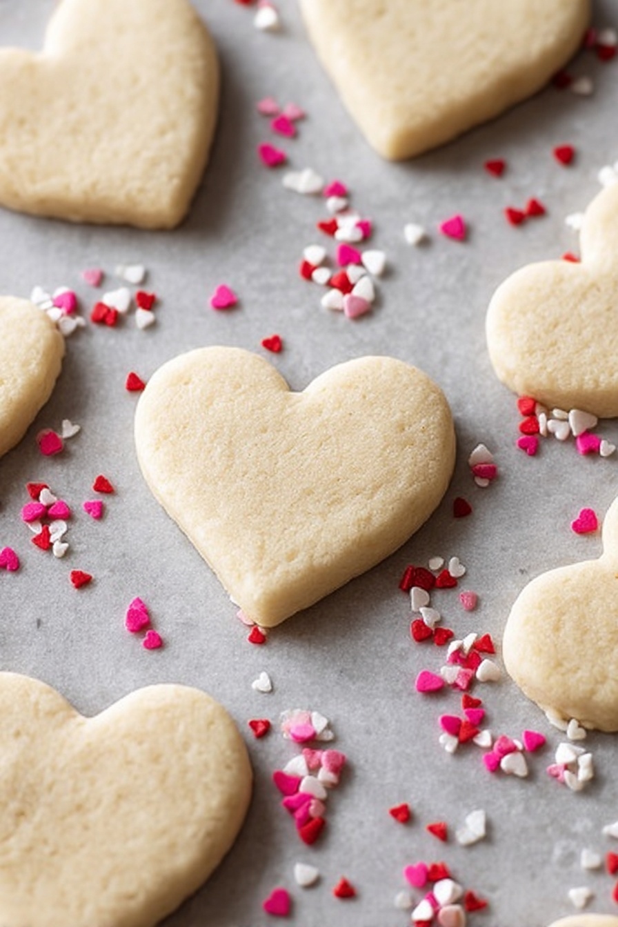 Valentine Heart Cookies with Chocolate Dipping, love-themed cookie ideas, easy Valentine's Day cookies, chocolate-dipped heart cookies, festive holiday cookies - The image shows several heart-shaped cookies arranged on a light gray baking sheet with a slightly rough texture. Each cookie is a single layer, pale tan in color, smooth, and soft-looking. Around the cookies, there are small heart-shaped sprinkles in red, white, and pink colors scattered randomly. The background surface is a white marbled texture. photo taken with an iphone --ar 2:3 --v 7