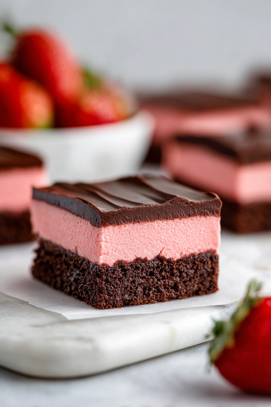 Chocolate Strawberry Brownie Bars, chocolate strawberry dessert, fudgy brownie bars, strawberry dessert recipes, chocolate glaze bars - Two square dessert pieces are stacked on top of each other on a white marbled surface. Each piece has three clear layers: a dark brown moist cake-like base at the bottom, a thick pink creamy middle layer, and a smooth dark chocolate topping with slight lines on the top surface. Around the dessert, there are some fresh strawberries, one of which is cut in half showing its red juicy inside. The background is softly blurred with a white bottle and a towel. Photo taken with an iphone --ar 2:3 --v 7