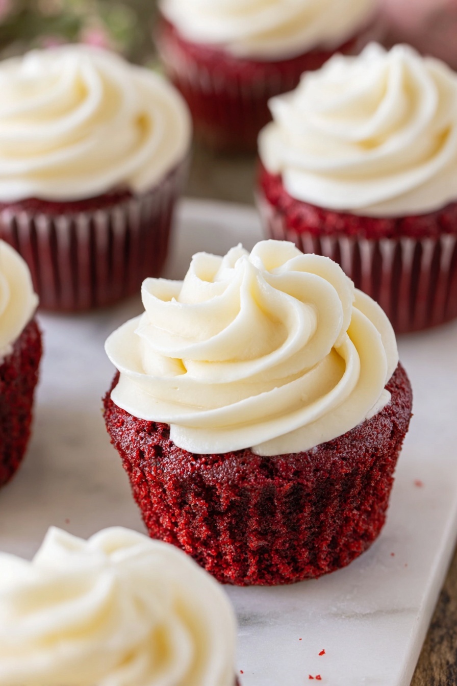 Red Velvet Cupcakes with Ermine Frosting, red velvet cupcake recipe, homemade red velvet cupcakes, fluffy ermine frosting, best red velvet cupcakes - The image shows a close-up view of a red velvet cupcake placed on a white marbled surface. The cupcake has two main layers: a rich, deep red cake base with a slightly moist texture, and a thick top layer of smooth, creamy white frosting piped in a swirl pattern, forming soft, round peaks. Surrounding the cupcake are other similar red velvet cupcakes, each with matching white frosting swirls, all arranged in a softly focused background. The overall look is elegant and inviting, highlighting the contrast between the bright red cake and the creamy white frosting. Photo taken with an iphone --ar 2:3 --v 7