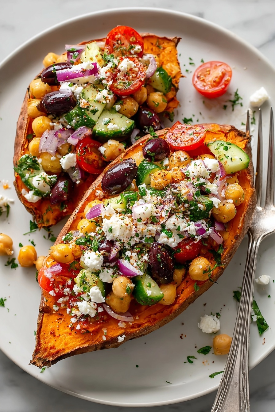 Mediterranean Stuffed Sweet Potatoes, Healthy Mediterranean Sweet Potato Meals, Easy Stuffed Sweet Potatoes Recipe, Vegetarian Mediterranean Dinner, Nutritious Sweet Potato Filling - A baked sweet potato with a rough brown skin serves as the base layer, split open to reveal bright orange soft flesh inside, filled with a colorful mix on top. The second layer is a salad made of halved red cherry tomatoes, small light beige chickpeas, dark purple olives, and diced green cucumber, sprinkled with chopped parsley and small pieces of red onion. The top layer is crumbled white cheese scattered over the salad. The potato is placed on a simple white plate with some parsley and oil drops around it, all set on a white marbled surface. Photo taken with an iphone --ar 2:3 --v 7