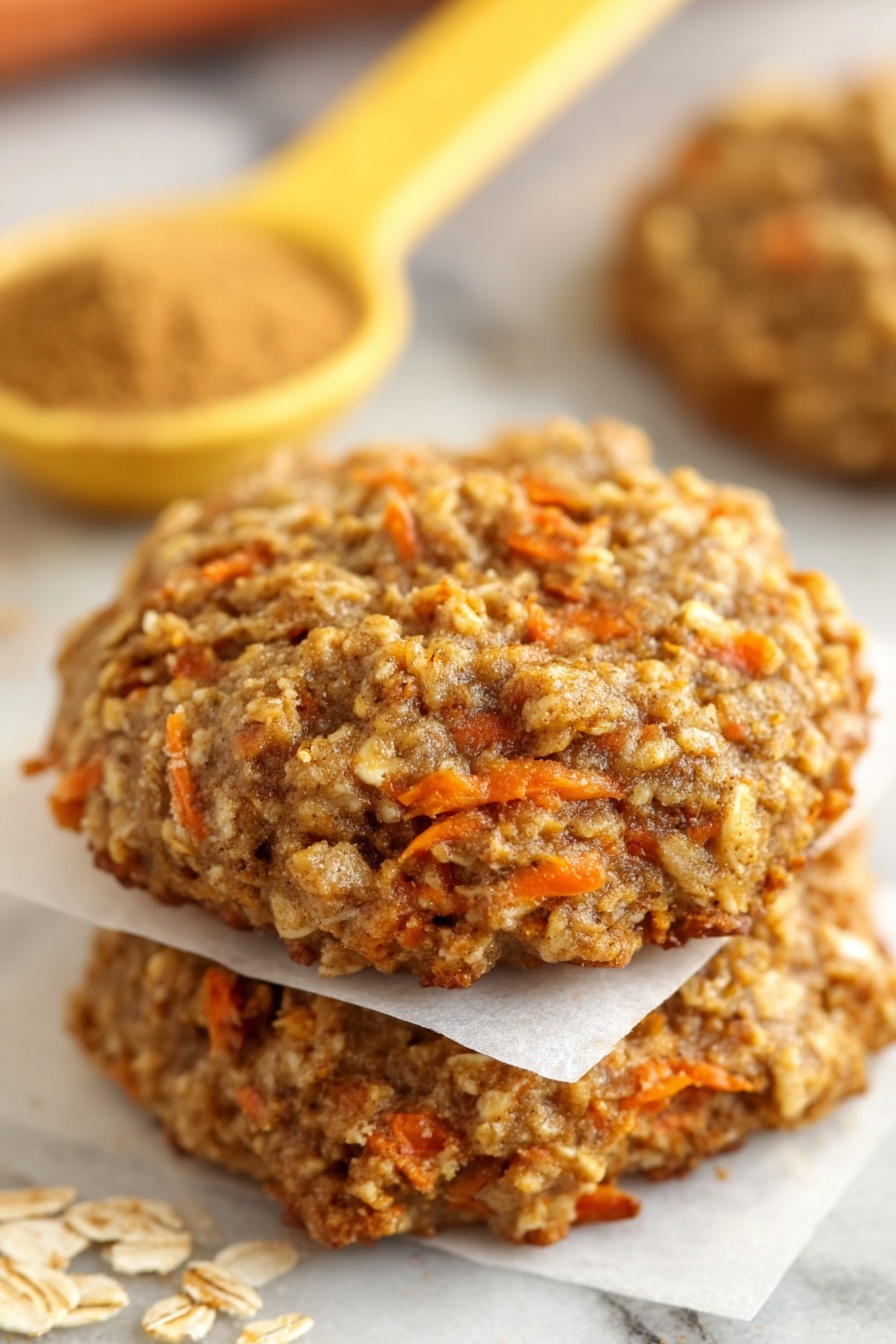 Healthy Carrot Oatmeal Cookies, healthy oatmeal cookie recipes, nutritious carrot cookies, easy healthy snack recipes, wholesome carrot cookies - A close-up view of two homemade oatmeal cookies stacked on top of each other, separated by square pieces of white parchment paper; the cookies have a rough texture with visible oats and orange carrot shreds mixed in, showing a soft, slightly chunky surface with a light brown color. In the blurred background, there is a yellow measuring spoon filled with a brown spice and part of a white marbled surface. Photo taken with an iphone --ar 2:3 --v 7