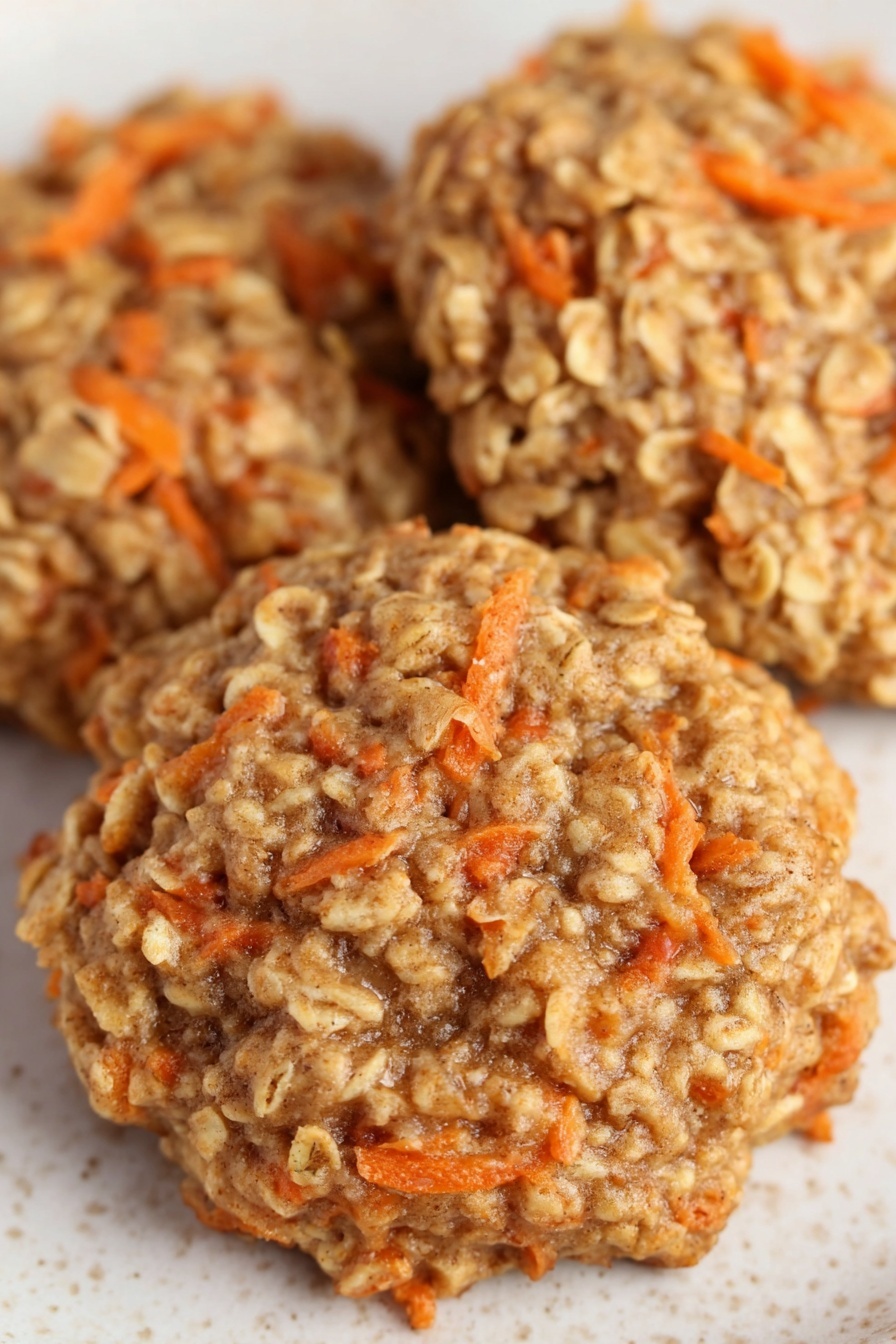 Healthy Carrot Oatmeal Cookies, healthy oatmeal cookie recipes, nutritious carrot cookies, easy healthy snack recipes, wholesome carrot cookies - The image shows three round oatmeal cookies with visible orange carrot shreds mixed inside. The cookies have a rough, thick texture made of oats and carrots, and are light brown in color with brighter orange bits from the carrot. They are placed close together on a white plate set on a white marbled surface. The cookies look soft and chunky with an uneven surface. photo taken with an iphone --ar 2:3 --v 7