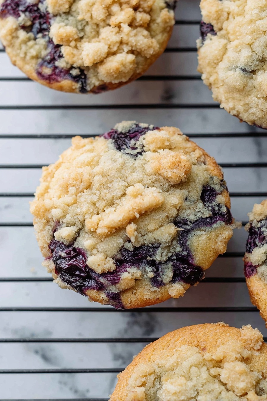 Blueberry Muffin Cookies, blueberry muffin cookies recipe, fruity cookie recipes, easy blueberry cookies, homemade blueberry cookies - The image shows round muffins with a crumb topping on a metal cooling rack, placed on a white marbled surface. Each muffin has a top layer of light golden brown crumb pieces, unevenly spread, giving a rough texture. Below that, the muffin has a soft, slightly cracked surface with a mix of light tan and deep purple-blue spots, showing the presence of blueberries baked inside. The edges of the muffins are slightly darker and golden brown, showing a baked finish. The cooling rack bars are thin and black, providing contrast against the white marble below. photo taken with an iphone --ar 2:3 --v 7