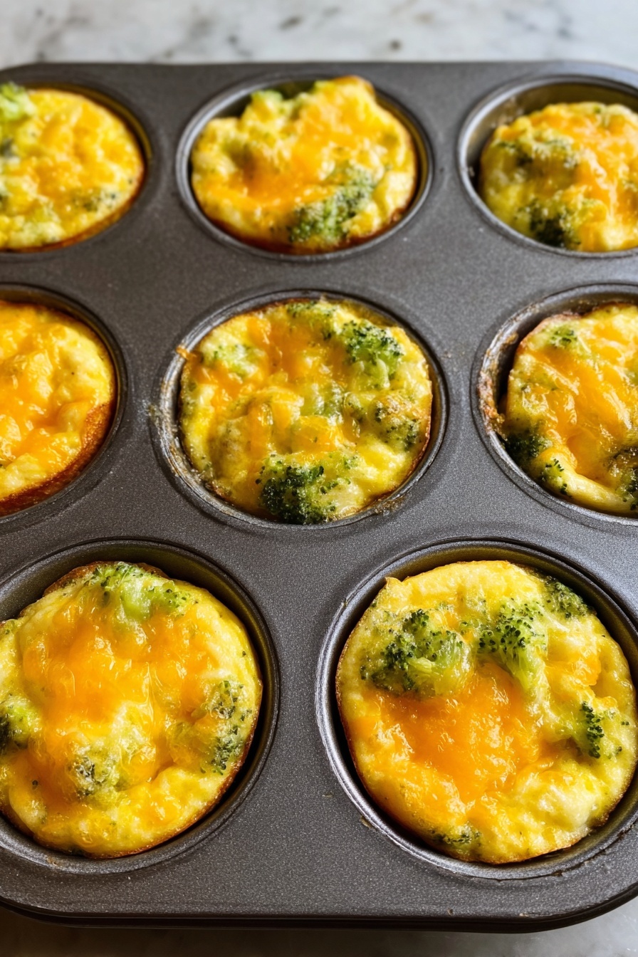 Broccoli Cheese Muffin Cups, healthy snacks with broccoli and cheese, quick muffin cup recipes, easy vegetable muffin cups, cheesy broccoli breakfast bites - Nine small baked egg muffins sit in a dark gray metal muffin tray. Each muffin has a top layer of melted yellow cheddar cheese with a slightly crispy edge. Beneath the cheese, bits of green broccoli peek through the smooth, cooked egg layer, giving a mix of yellow and green colors. The muffins fill the cavities fully, showing a soft but firm texture with some uneven, natural surfaces. The muffin tray rests on a white marbled surface. photo taken with an iphone --ar 2:3 --v 7