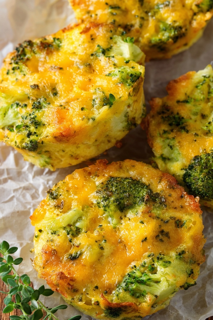 Broccoli Cheese Muffin Cups, healthy snacks with broccoli and cheese, quick muffin cup recipes, easy vegetable muffin cups, cheesy broccoli breakfast bites - The image shows five round broccoli and cheese bites placed on crumpled white parchment paper over a wooden surface. Each bite has a textured top layer with golden yellow melted cheese mixed with small green broccoli florets. The cheese layer looks slightly crispy with an uneven, bubbly surface. The broccoli adds vibrant green color that contrasts with the yellow cheese, and you can see bits of soft broccoli peeking out from the sides of each bite. There are fresh green herb sprigs at the bottom left corner near the bites, adding a fresh touch. photo taken with an iphone --ar 2:3 --v 7