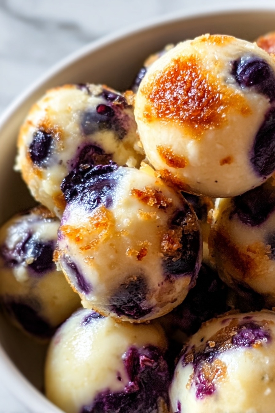Lemon Blueberry Cottage Cheese Protein Bites, healthy snack ideas, high-protein snacks, easy energy bites, fruit and cottage cheese snacks - This image shows a close-up of a bowl filled with round dessert balls. Each ball has a creamy outer layer that is light yellowish white with some rough toasted brown spots, giving a caramelized look. Inside and around the balls, there are dark blue to purple berry pieces that poke through the creamy coating. The balls are stacked on top of each other in a white bowl, all resting on a white marbled surface in the background. Photo taken with an iphone --ar 2:3 --v 7