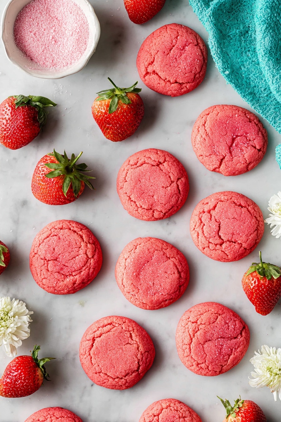 Strawberry Cookies with Freeze-Dried Fruit, strawberry cookie recipe, fruity cookie recipes, homemade strawberry cookies, freeze-dried strawberry desserts - The image shows a dozen bright pink round cookies with a slightly cracked texture on top, scattered on a white marbled surface. The cookies appear soft with a sugar dusting that adds a slight sparkle. Around the cookies are fresh red strawberries with green tops, spaced evenly, and a small white bowl filled with pink sugar or powder sits near the top left. Some small white flowers rest on the bottom left corner, and a folded turquoise cloth is partially visible in the top right corner. Photo taken with an iphone --ar 2:3 --v 7