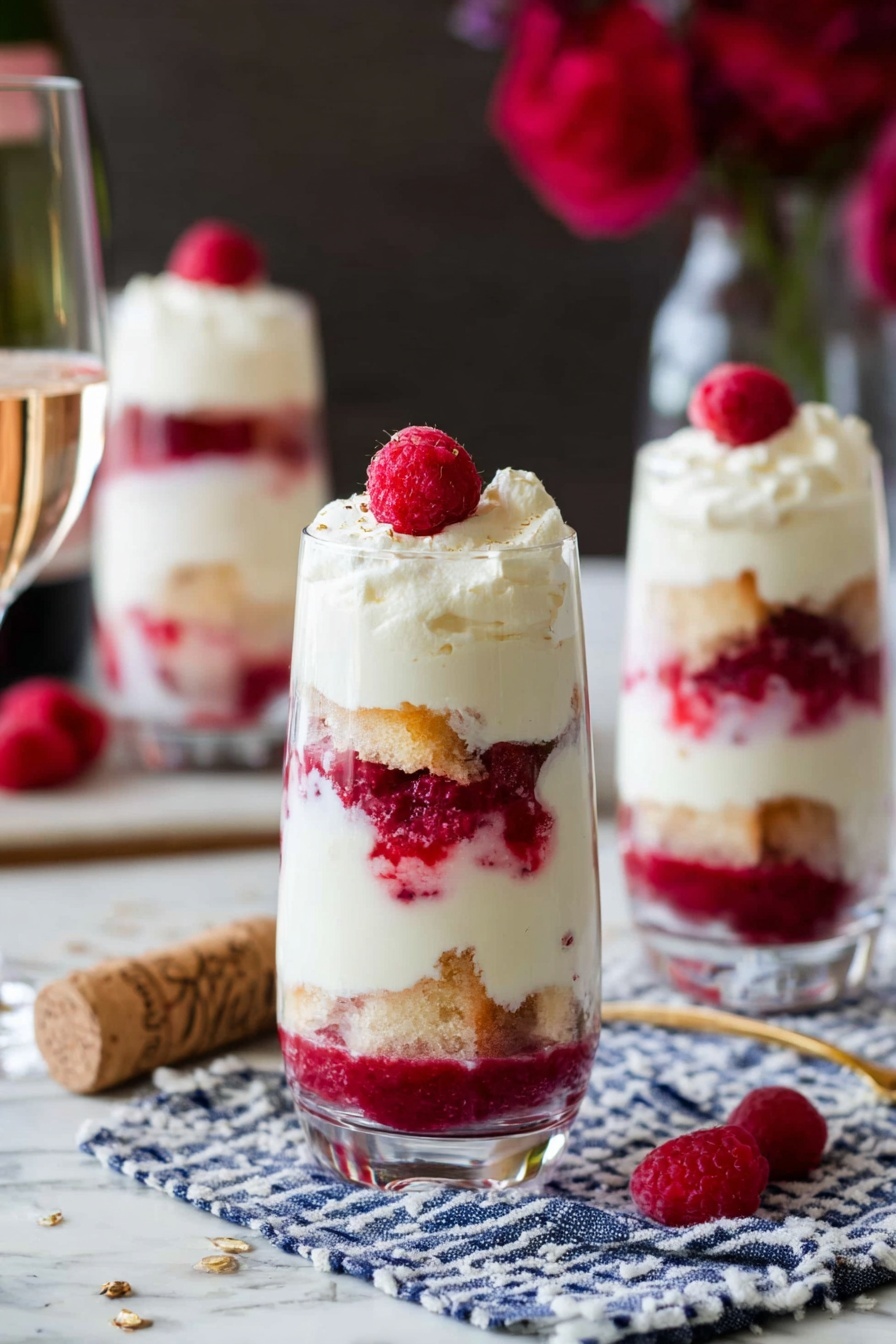 Raspberry Chardonnay Trifle, elegant dessert with raspberry and Chardonnay, easy layered dessert recipe, refreshing raspberry trifle, wine-infused dessert ideas - The image shows tall clear glasses filled with three visible layers of dessert. The bottom layer is creamy white with a smooth texture, the middle layer is a mix of red berries and soft cake, showing a vibrant, slightly chunky texture, and the top layer is light white cream with soft peaks. On top of the cream sits a bright red raspberry, adding a fresh and juicy look. The glasses are placed on a blue and white striped cloth over a white marbled surface, with a cork nearby and blurred background items including more layered desserts in clear glasses and some red flowers. Photo taken with an iphone --ar 2:3 --v 7