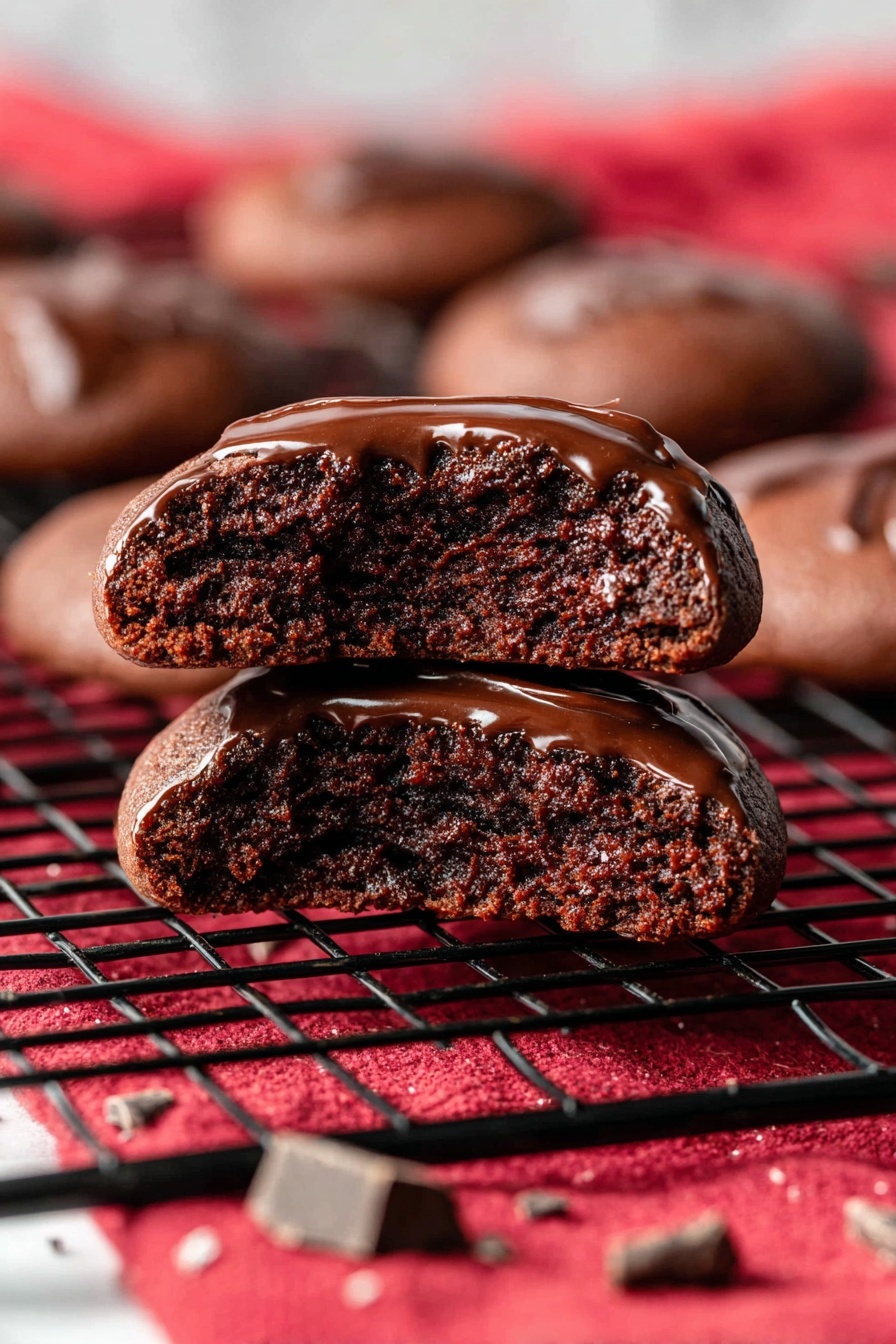 Devil’s Food Cookies with Ganache, chocolate cookies with ganache, decadent chocolate cookie recipe, homemade chocolate dessert, easy chocolate treats - The image shows a close-up of a chocolate cookie broken in half, revealing a dense, moist, and dark brown inside with a shiny chocolate glaze on top of each half. The cookie has a soft, thick texture and rich chocolate layers. The two halves are stacked on top of each other on a black wire cooling rack, which rests on a red cloth with scattered chocolate pieces around. In the background, more whole cookies are slightly blurred on the same rack. The photo is taken on a white marbled surface. Photo taken with an iphone --ar 2:3 --v 7