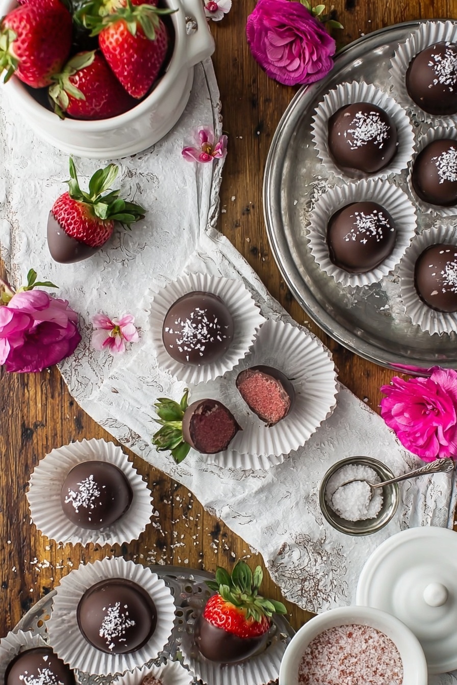 Strawberry Buttercream Candies, strawberry candies recipe, chocolate strawberry treats, fruity chocolate confections, homemade strawberry chocolates - The image shows a wooden table covered with chocolate-covered round treats placed on white paper cups arranged on and around two silver plates. Each chocolate piece is dark brown and topped with a small sprinkle of white flakes. One treat has a bite taken, revealing a pink filling inside. There are two strawberries dipped in chocolate, halved with green leaves on top, placed on white paper cups. Some loose white flakes and bright pink flowers with green stems are scattered around the table. A white lidded dish with strawberries inside sits on the left, and a small white bowl of coarse white sugar with a silver spoon rests on the right, all on a white marbled surface background. Photo taken with an iphone --ar 2:3 --v 7
