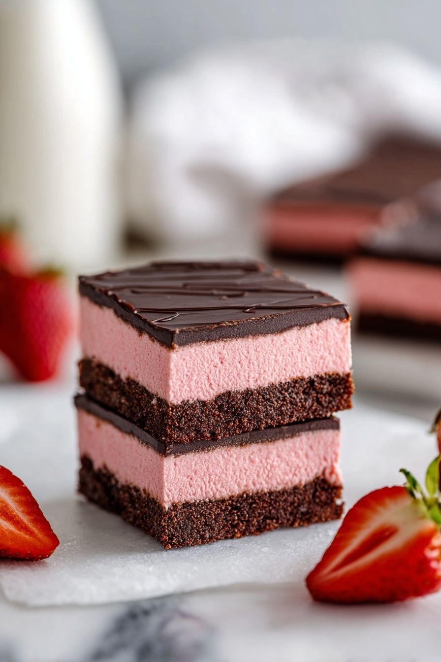 Chocolate Strawberry Brownie Bars, chocolate strawberry dessert, fudgy brownie bars, strawberry dessert recipes, chocolate glaze bars - The image shows a square dessert with three visible layers placed on a white marbled surface. The bottom layer is thick and dark brown with a dense, slightly rough texture like brownie. The middle layer is a bright pink, smooth and creamy mousse-like consistency that contrasts strongly with the bottom. The top layer is thin, dark brown, and glossy, looking like a smooth chocolate glaze. The dessert pieces are cut cleanly with sharp edges, and there are blurred strawberries and a white bowl with strawberries in the soft-focus background. The photo taken with an iphone --ar 2:3 --v 7