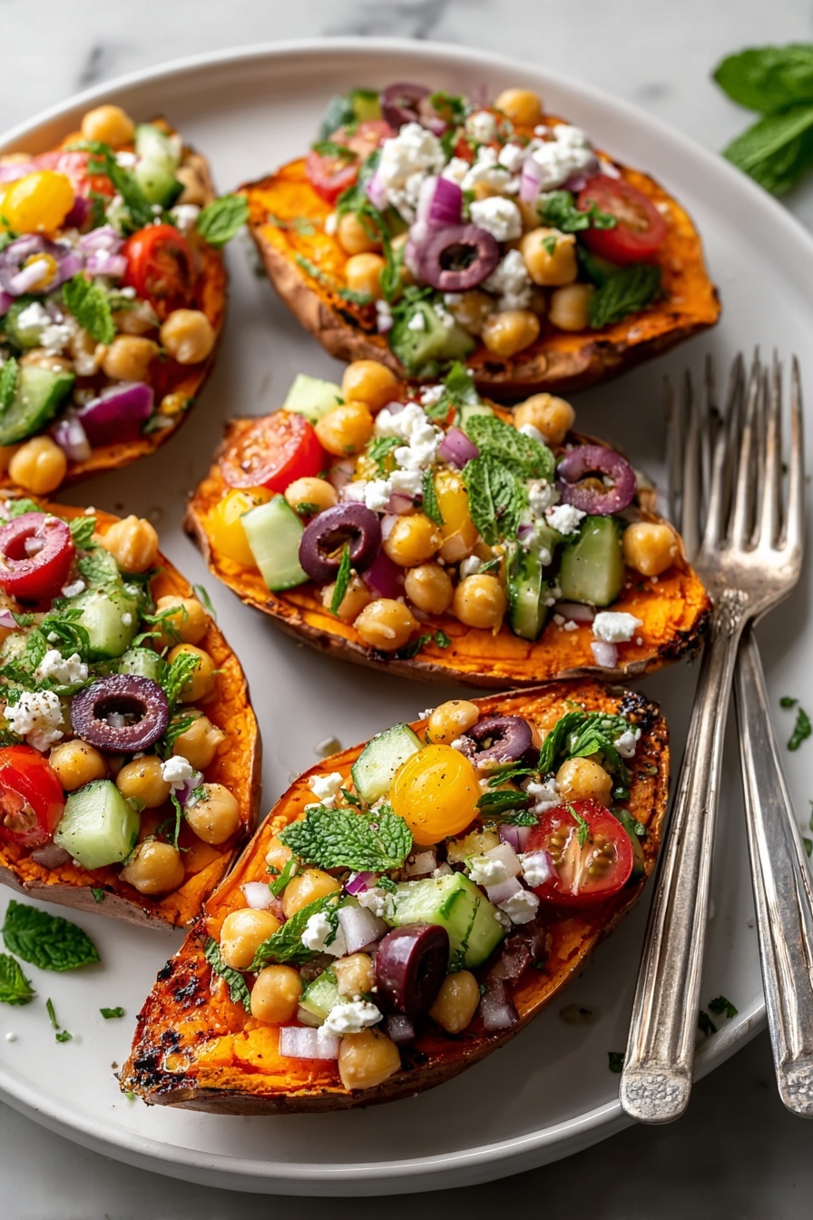 Mediterranean Stuffed Sweet Potatoes, Healthy Mediterranean Sweet Potato Meals, Easy Stuffed Sweet Potatoes Recipe, Vegetarian Mediterranean Dinner, Nutritious Sweet Potato Filling - The image shows four roasted sweet potato halves placed on a white plate with a white marbled background. Each sweet potato half has three main layers: the bottom layer is the deep orange roasted sweet potato with a slightly crispy edge, the middle layer is chickpeas that are light beige and slightly glossy, and the top layer is a colorful mix of toppings including small red and yellow cherry tomato halves, cucumber chunks with green skin, sliced dark purple olives, crumbled white cheese, thin slices of purple onion, and scattered green herbs like mint and parsley. Two forks are placed on the right side of the plate, and there is some scattered greenery on the plate and background. Photo taken with an iphone --ar 2:3 --v 7