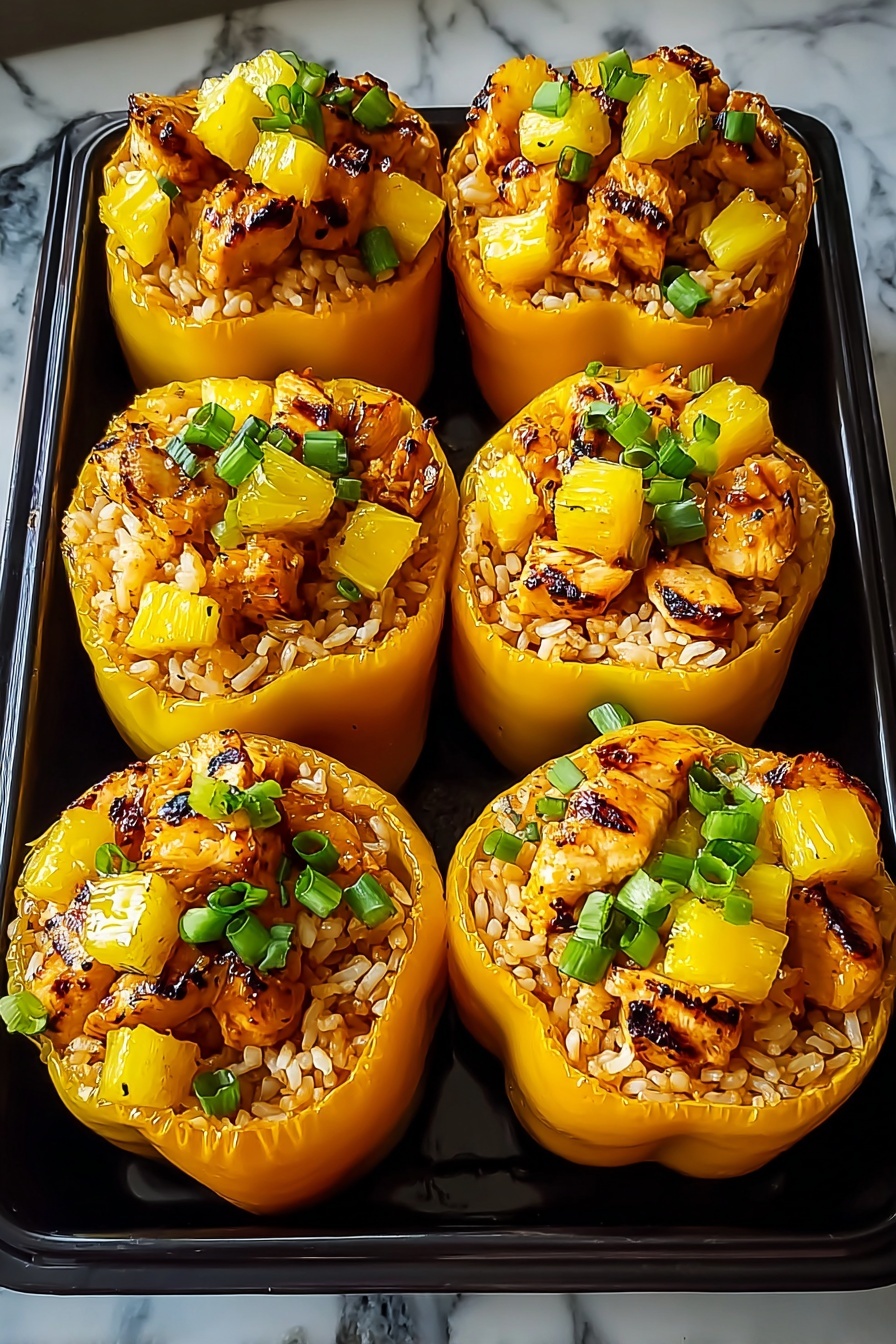 Teriyaki Pineapple Chicken Stuffed Peppers, stuffed peppers with chicken and pineapple, healthy stuffed peppers recipes, quick dinner ideas with teriyaki, tropical chicken stuffed peppers - This image shows eight yellow bell peppers, each hollowed out and standing upright in a black tray. Inside each pepper, there are three distinct layers: the bottom layer is a bed of rice with a light tan color and slightly grainy texture, the middle layer is made of small pieces of grilled chicken with a golden-brown and slightly charred look, and the top layer consists of bright yellow pineapple chunks with some grill marks. Each stuffed pepper is garnished with small pieces of fresh chopped green onions scattered on top. The black tray sits on a white marbled surface, and the photo is taken with an iphone --ar 2:3 --v 7