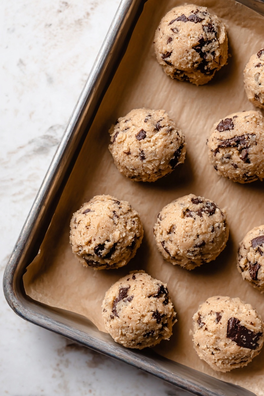 Espresso Chocolate Chip Cookies, coffee chocolate cookie recipe, best espresso cookies, chocolate chip espresso cookies, easy coffee cookie recipe - The image shows a close-up of eight round cookie dough balls placed on a baking tray lined with brown parchment paper. Each ball is light brown with visible dark chocolate chunks unevenly spread through the dough, giving a rough and grainy texture. The baking tray is silver and positioned over a white marbled background. In the top left corner of the image, there is a white circle with the black number 5 inside. Photo taken with an iphone --ar 2:3 --v 7