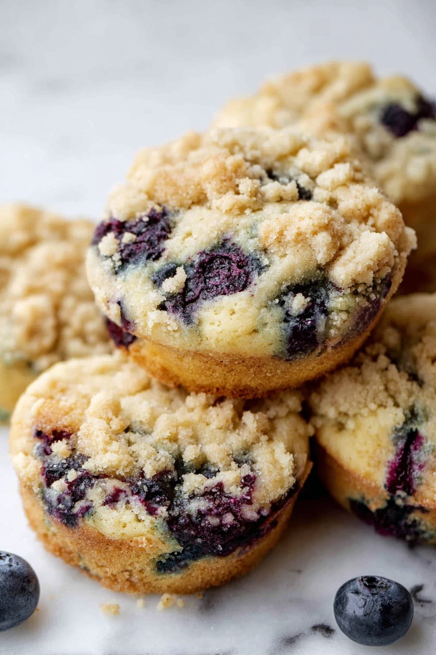 Blueberry Muffin Cookies, blueberry muffin cookies recipe, fruity cookie recipes, easy blueberry cookies, homemade blueberry cookies - The image shows a close-up of several round blueberry muffins stacked on a white marbled surface. Each muffin has two visible layers: the base layer is a soft, light yellow cake with dark blueberries embedded throughout, and the top layer is a crumbly, pale golden streusel topping scattered unevenly. The muffins have a soft texture with some berries slightly bursting, adding splashes of dark purple and blue. There are also a few loose blueberries around the muffins on the white marbled surface. The lighting highlights the texture of the crumble and the moistness of the cake underneath photo taken with an iphone --ar 2:3 --v 7