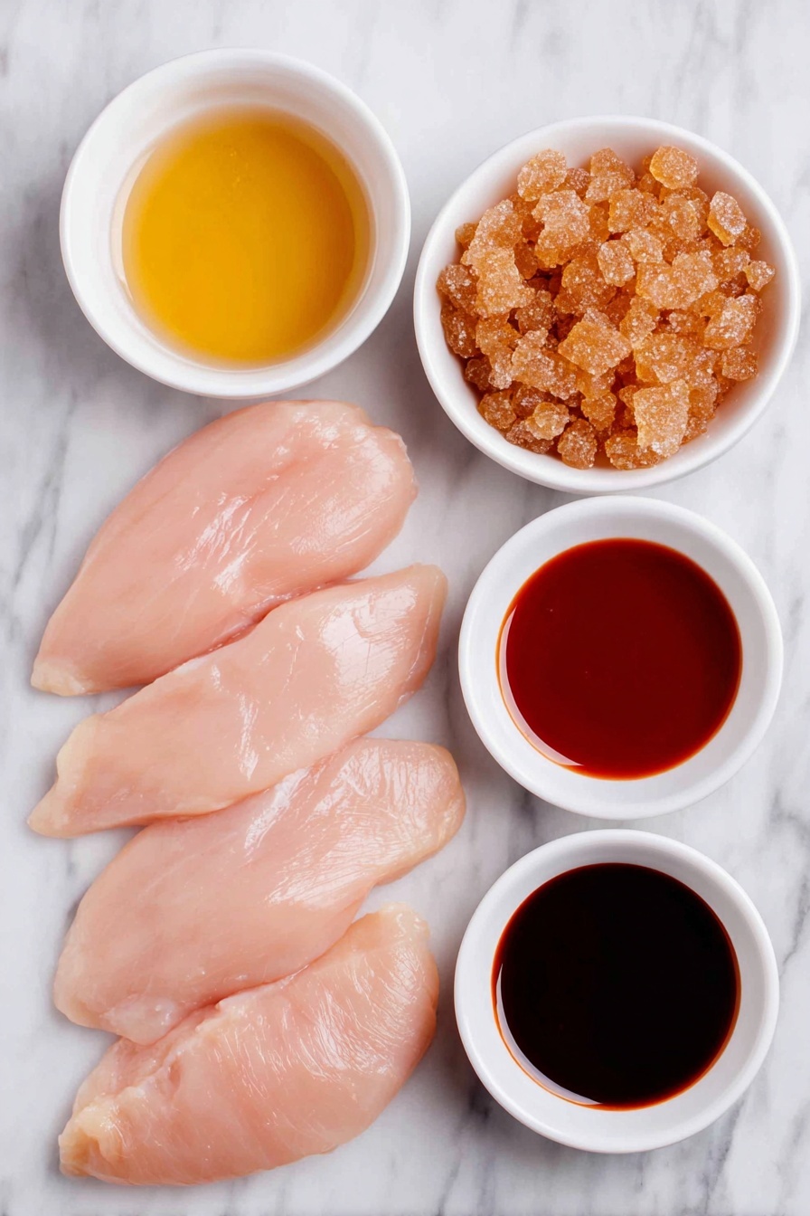 Pineapple Brown Sugar Chicken Skewers, grilled chicken skewers with pineapple, summer chicken skewers recipe, easy outdoor chicken recipes, sweet and smoky chicken skewers - Flat lay of six boneless chicken tenders with smooth pale pink skin arranged symmetrically, a small white bowl filled with golden pineapple juice, a small white bowl containing deep amber brown sugar crystals, and a small white bowl with glossy reddish-brown BBQ sauce, all placed on a clean white marble surface, soft natural light, photo taken with an iPhone, professional food photography style, fresh ingredients, white ceramic bowls, no bottles, no duplicates, no utensils, no packaging --ar 2:3 --v 7 --p m7354615311229779997