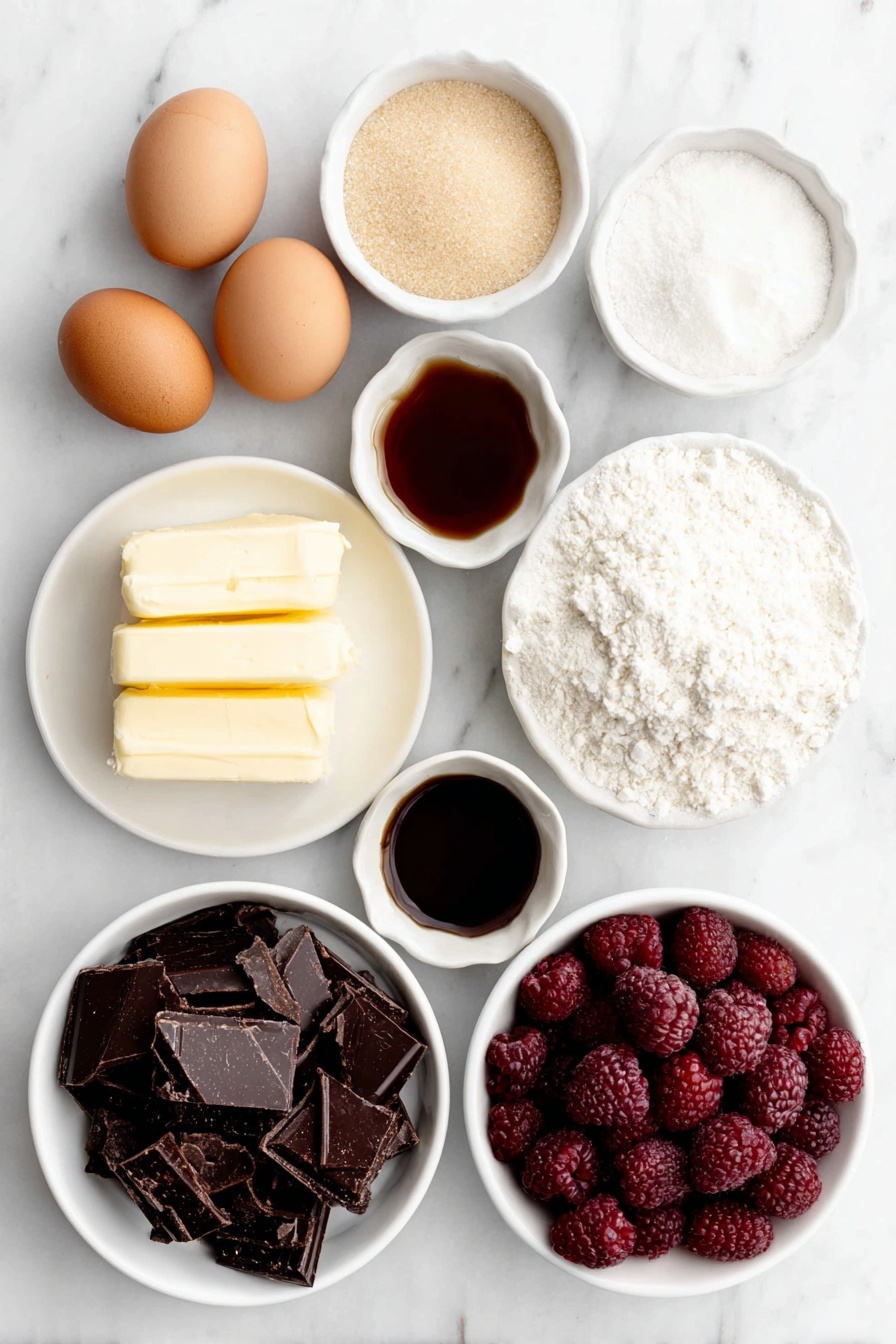 Raspberry Chocolate Chunk Cookies, raspberry chocolate cookies, chocolate raspberry cookies, easy raspberry chocolate cookies, homemade raspberry cookies - Flat lay of a small mound of softened salted butter on a simple white ceramic plate, a heaping white ceramic bowl of light brown sugar, a small white ceramic bowl filled with granulated sugar, two whole clean large brown eggs, a small white ceramic bowl of vanilla extract, a medium white ceramic bowl piled with all-purpose flour, a small white ceramic bowl with baking soda powder, a tiny white ceramic bowl of fine salt, a simple white ceramic bowl filled with irregular dark chocolate chunks, and a white ceramic bowl holding plump frozen raspberries, all arranged symmetrically with perfect spacing, placed on a clean white marble surface, soft natural light, photo taken with an iPhone, professional food photography style, fresh ingredients, white ceramic bowls, no bottles, no duplicates, no utensils, no packaging --ar 2:3 --v 7 --p m7354615311229779997