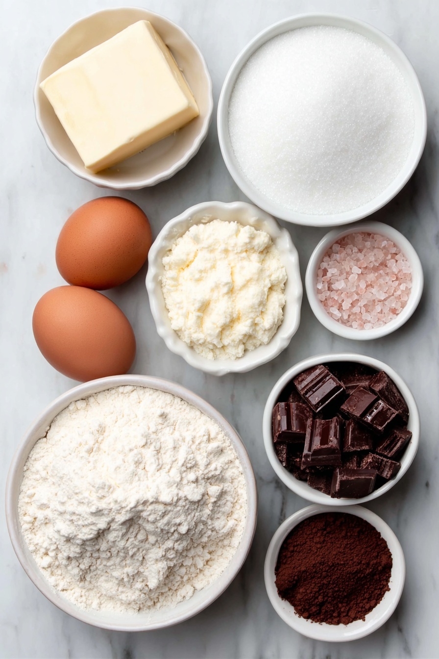 Neapolitan Cookie Dough with Vanilla Chocolate Strawberry, Neapolitan cookie dough recipe, colorful cookie treats, easy chewy cookie recipe, triple flavor dessert - Flat lay of a small mound of softened unsalted butter, a small white bowl filled with granulated sugar, two whole brown eggs with clean shells, a simple white ceramic bowl heaped with soft white cake flour, a small white bowl containing fine cornstarch powder, a small white bowl with natural cocoa powder, a small white bowl holding fine freeze-dried strawberry powder, a small white bowl with light beige baking powder, and a small white bowl with pinkish salt crystals, all carefully arranged in perfect symmetry, placed on a clean white marble surface, soft natural light, photo taken with an iPhone, professional food photography style, fresh ingredients, white ceramic bowls, no bottles, no duplicates, no utensils, no packaging --ar 2:3 --v 7 --p m7354615311229779997