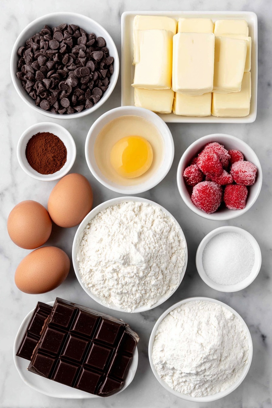 Chocolate Strawberry Brownie Bars, chocolate strawberry dessert, fudgy brownie bars, strawberry dessert recipes, chocolate glaze bars - Flat lay of a small pile of unsalted butter pieces, a small white bowl filled with semisweet chocolate chips, a small white bowl with natural cocoa powder, a small white bowl of granulated sugar, a small white bowl of light brown sugar, two whole uncracked brown eggs plus one whole uncracked egg yolk, a small white bowl with vanilla extract, a small white bowl of table salt, a small white bowl of all-purpose flour, a small white bowl with freeze-dried strawberries, a small white bowl of powdered sugar, a small white bowl with heavy cream, and a small white bowl holding a finely chopped semisweet chocolate bar, all arranged symmetrically and balanced on a clean white marble surface, soft natural light, photo taken with an iPhone, professional food photography style, fresh ingredients, white ceramic bowls, no bottles, no duplicates, no utensils, no packaging --ar 2:3 --v 7 --p m7354615311229779997