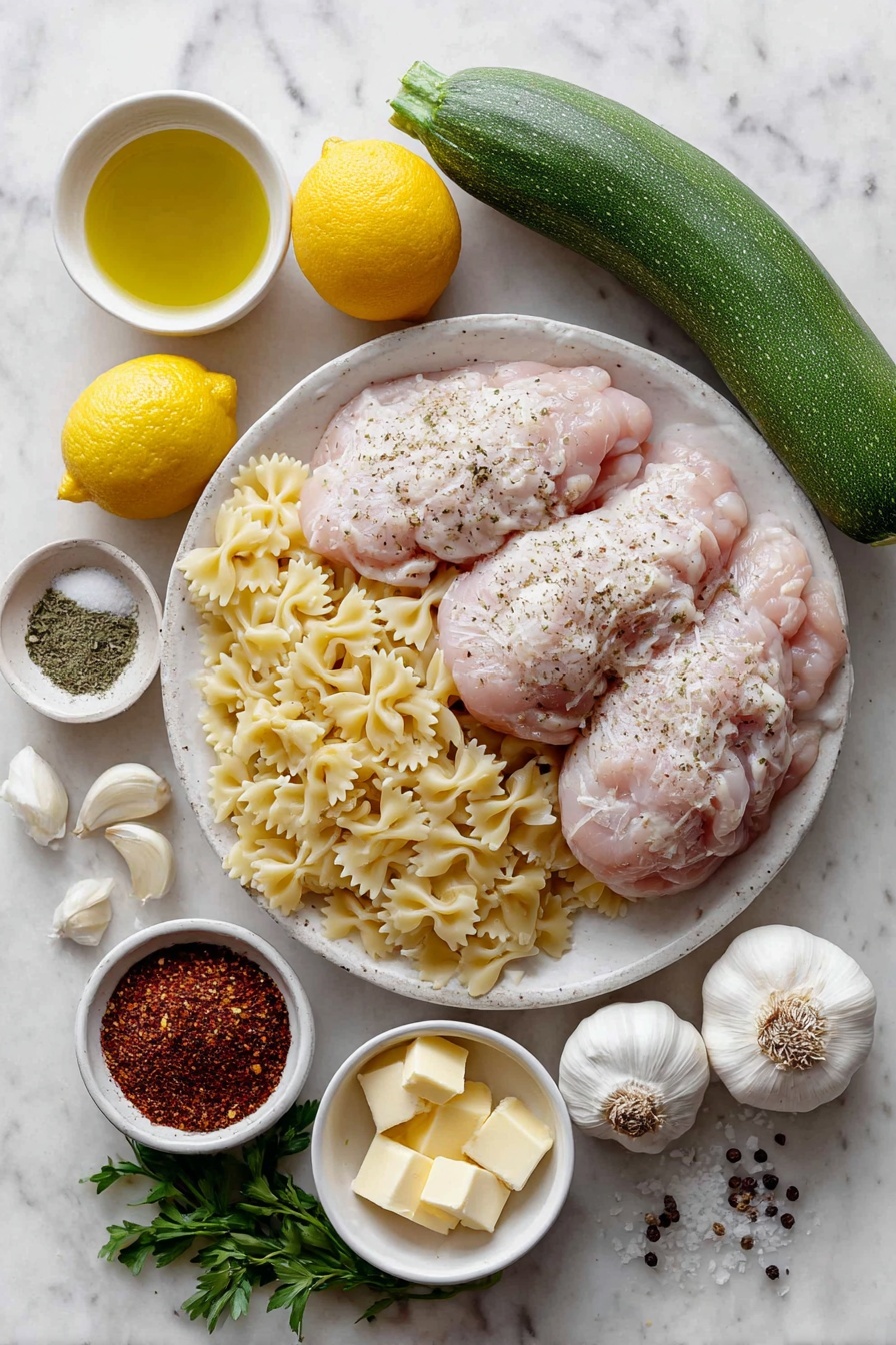 Lemon Chicken Pasta, quick lemon chicken pasta, easy chicken pasta recipes, healthy lemon pasta, simple weeknight pasta dinners - Flat lay of mini farfalle pasta piled loosely on a white ceramic plate, three raw boneless skinless chicken breasts with natural pink color, a whole fresh zucchini and a whole yellow squash, three whole uncracked garlic cloves with smooth pale skin, a small white bowl filled with bright yellow fresh lemon juice, a few fresh lemon halves with vibrant yellow rind and juicy pulp, a small white bowl with creamy yellow butter cubes, a small mound of freshly grated pale ivory parmesan cheese, a small white bowl filled with golden olive oil, a few sprigs of fresh bright green parsley, a small white bowl of mixed seasoning powders including garlic powder, Italian seasoning, onion powder with natural earth tones, coarse sea salt and black peppercorns scattered nearby—all arranged with perfect symmetry and realistic proportions, placed on a clean white marble surface, soft natural light, photo taken with an iPhone, professional food photography style, fresh ingredients, white ceramic bowls, no bottles, no duplicates, no utensils, no packaging --ar 2:3 --v 7 --p m7354615311229779997