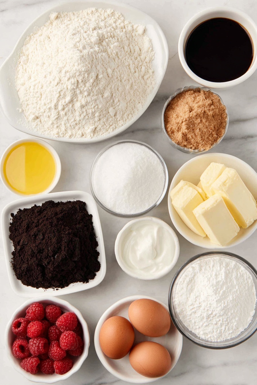 Chocolate Raspberry Cake, chocolate raspberry dessert, easy chocolate cake with raspberry filling, moist chocolate cake recipes, festive berry chocolate cake - Flat lay of a small mound of all-purpose flour, a small pile of granulated sugar, a small pile of light brown sugar, a small heap of dark cocoa powder, a small white ceramic bowl of neutral cooking oil, a small white ceramic bowl of melted unsalted butter, two whole large brown eggs with clean shells, a small white ceramic bowl of vanilla extract, a small white ceramic bowl of buttermilk, a small white ceramic bowl of very hot water, a small pile of granulated sugar, a small pile of cornstarch, a small pile of fresh raspberries, a small white ceramic bowl of water, a small white ceramic bowl of lemon juice, a small pile of unsalted butter, a small pile of powdered sugar, a small pile of natural cocoa powder, a small pile of fine salt, a small white ceramic bowl of raspberry filling, a small white ceramic bowl of heavy cream, all arranged with perfect symmetry on a clean white marble surface, soft natural light, photo taken with an iPhone, professional food photography style, fresh ingredients, white ceramic bowls, no bottles, no duplicates, no utensils, no packaging --ar 2:3 --v 7 --p m7354615311229779997